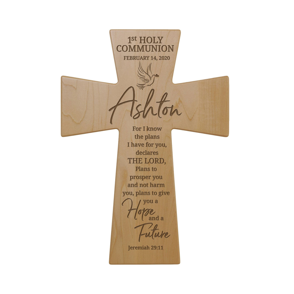 Custom Baptism Wood Wall Cross - For I know the plans I have for you - Jeremiah 29:11 (DOVE) - LifeSong Milestones