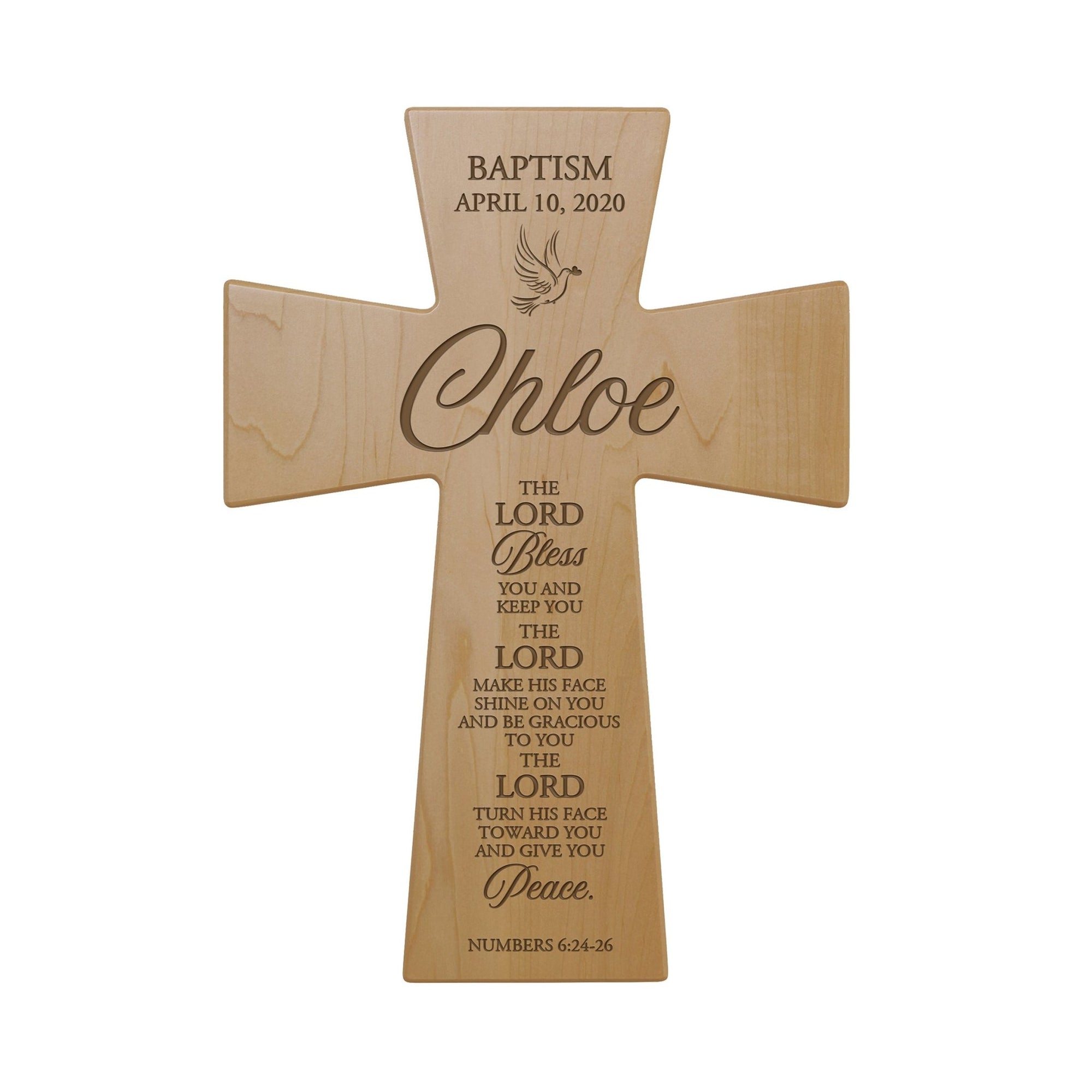 Custom Baptism Wood Wall Cross - The Lord bless you - Numbers 6:24-26 (DOVE) - LifeSong Milestones