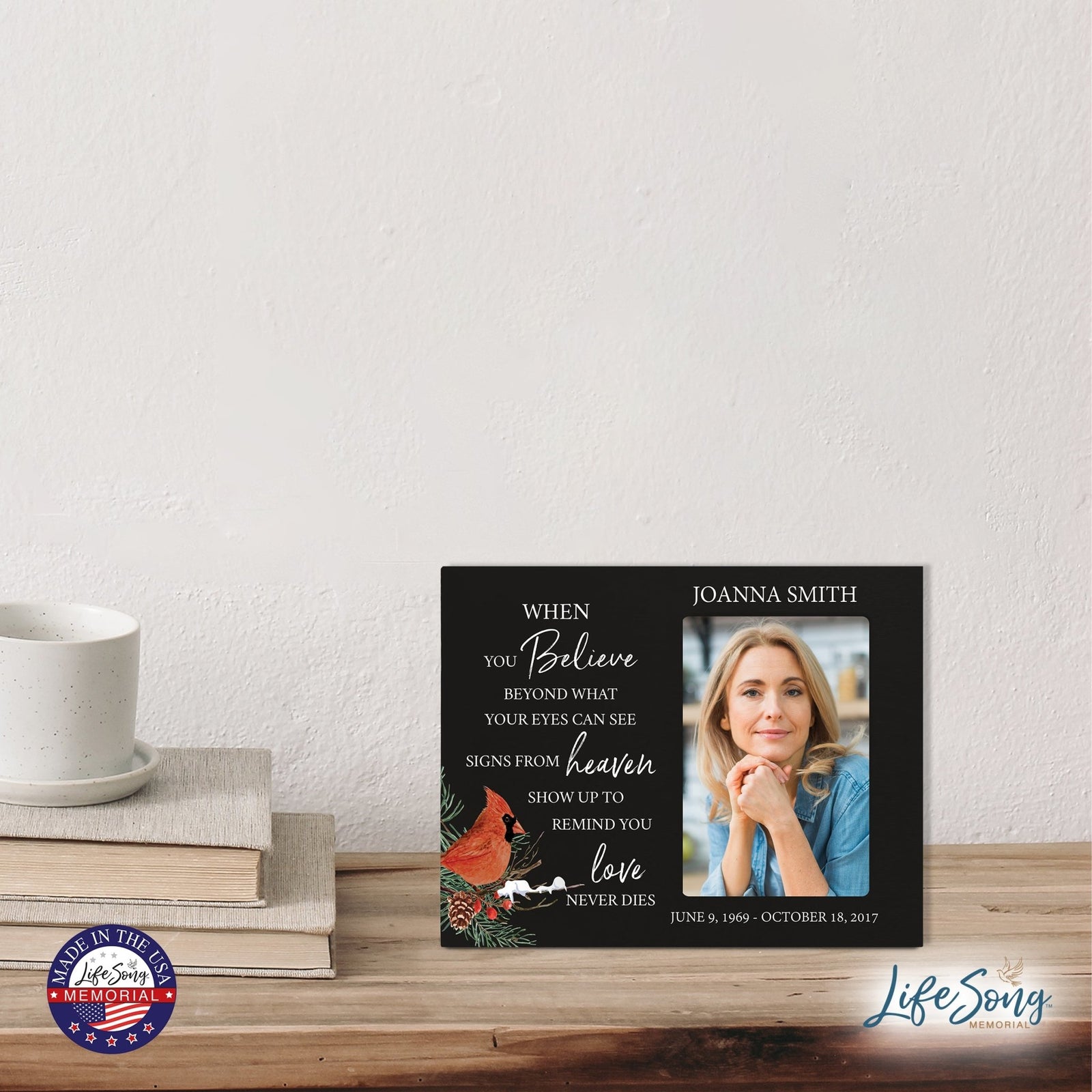 Custom Cardinal Wooden Memorial 8x10 Picture Frame holds 4x6 photo When You Believe - LifeSong Milestones