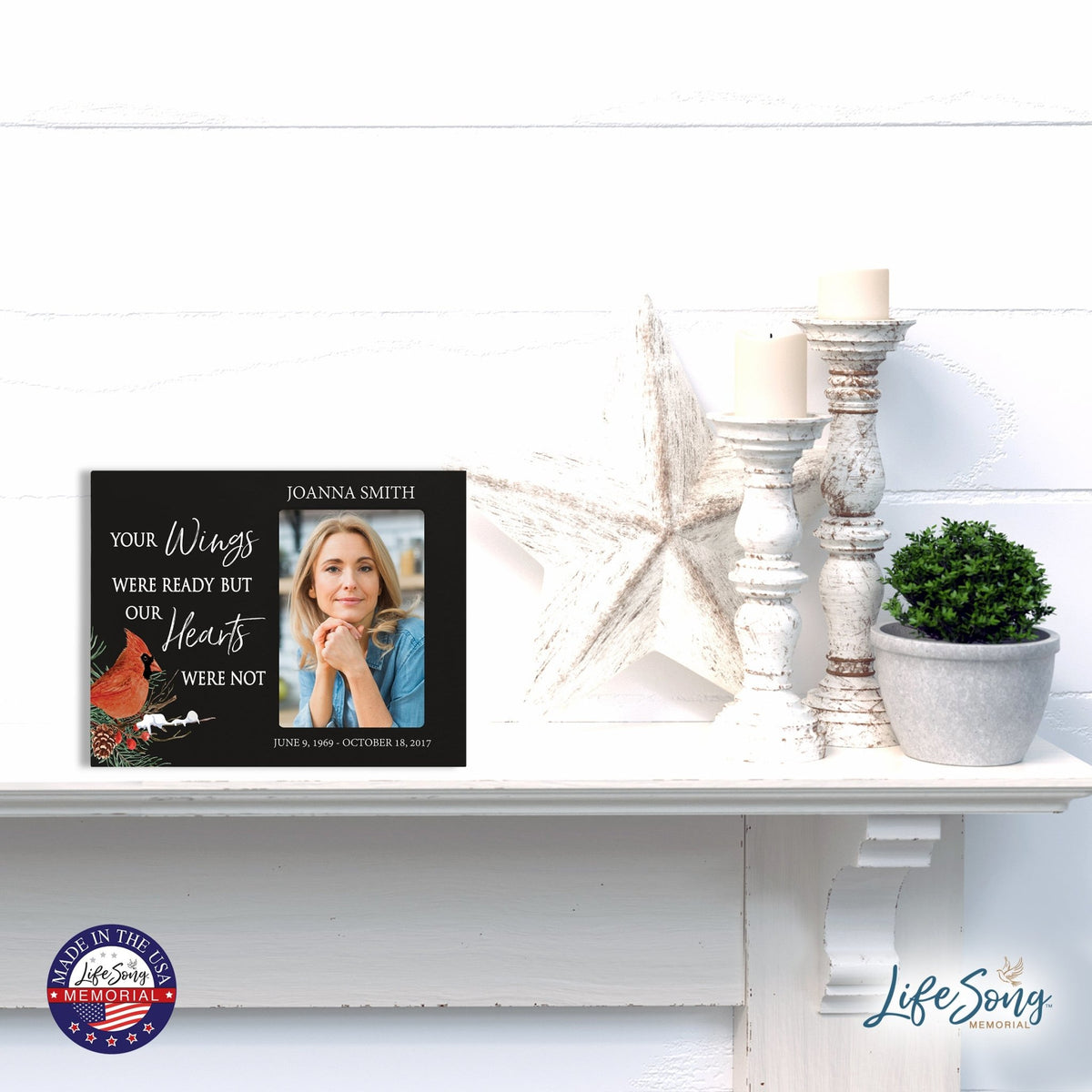 Custom Cardinal Wooden Memorial 8x10 Picture Frame holds 4x6 photo Your Wings Were - LifeSong Milestones