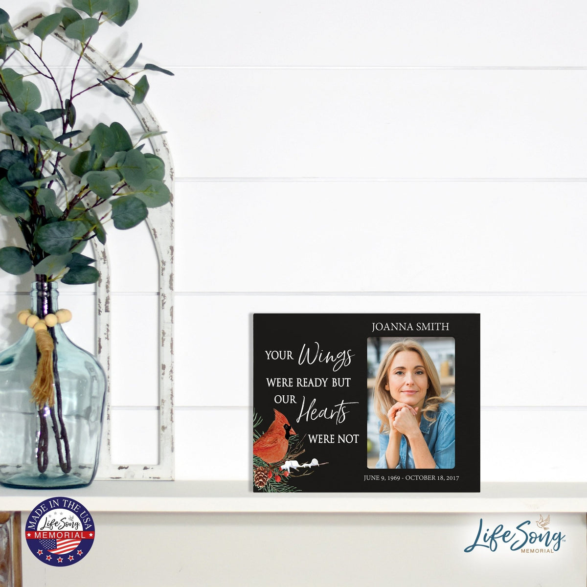 Custom Cardinal Wooden Memorial 8x10 Picture Frame holds 4x6 photo Your Wings Were - LifeSong Milestones