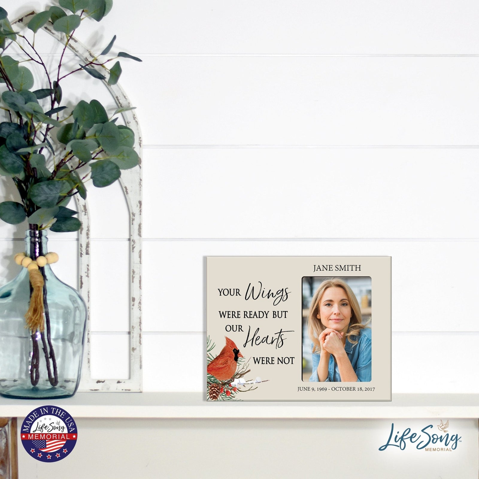 Custom Cardinal Wooden Memorial 8x10 Picture Frame holds 4x6 photo Your Wings Were - LifeSong Milestones