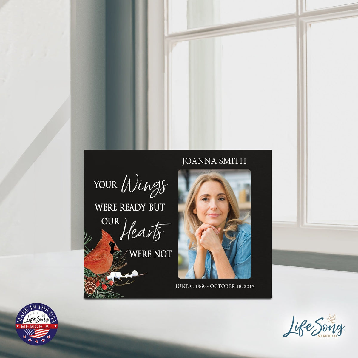 Custom Cardinal Wooden Memorial 8x10 Picture Frame holds 4x6 photo Your Wings Were - LifeSong Milestones