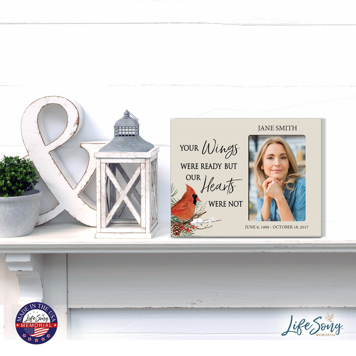 Custom Cardinal Wooden Memorial 8x10 Picture Frame holds 4x6 photo Your Wings Were - LifeSong Milestones