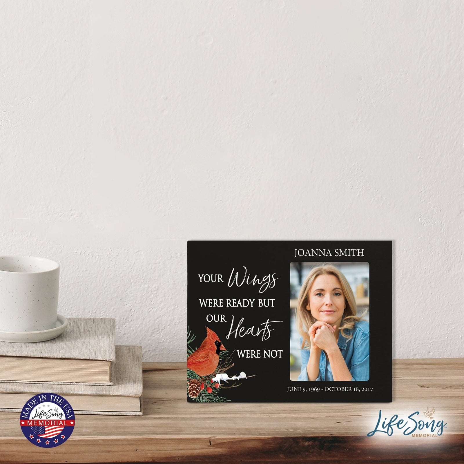 Custom Cardinal Wooden Memorial 8x10 Picture Frame holds 4x6 photo Your Wings Were - LifeSong Milestones