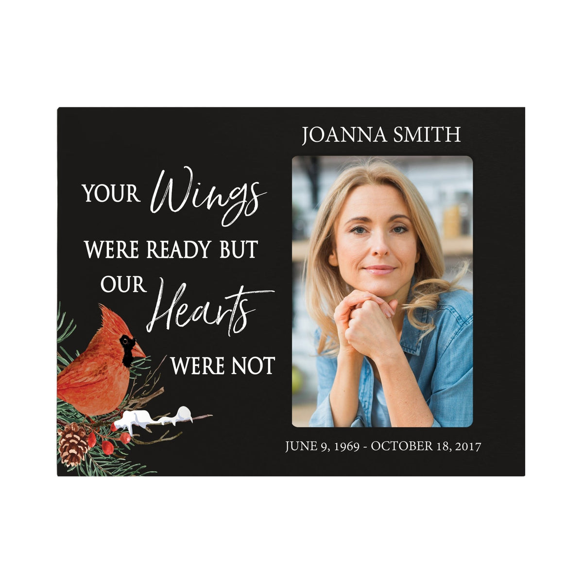 Custom Cardinal Wooden Memorial 8x10 Picture Frame holds 4x6 photo Your Wings Were - LifeSong Milestones