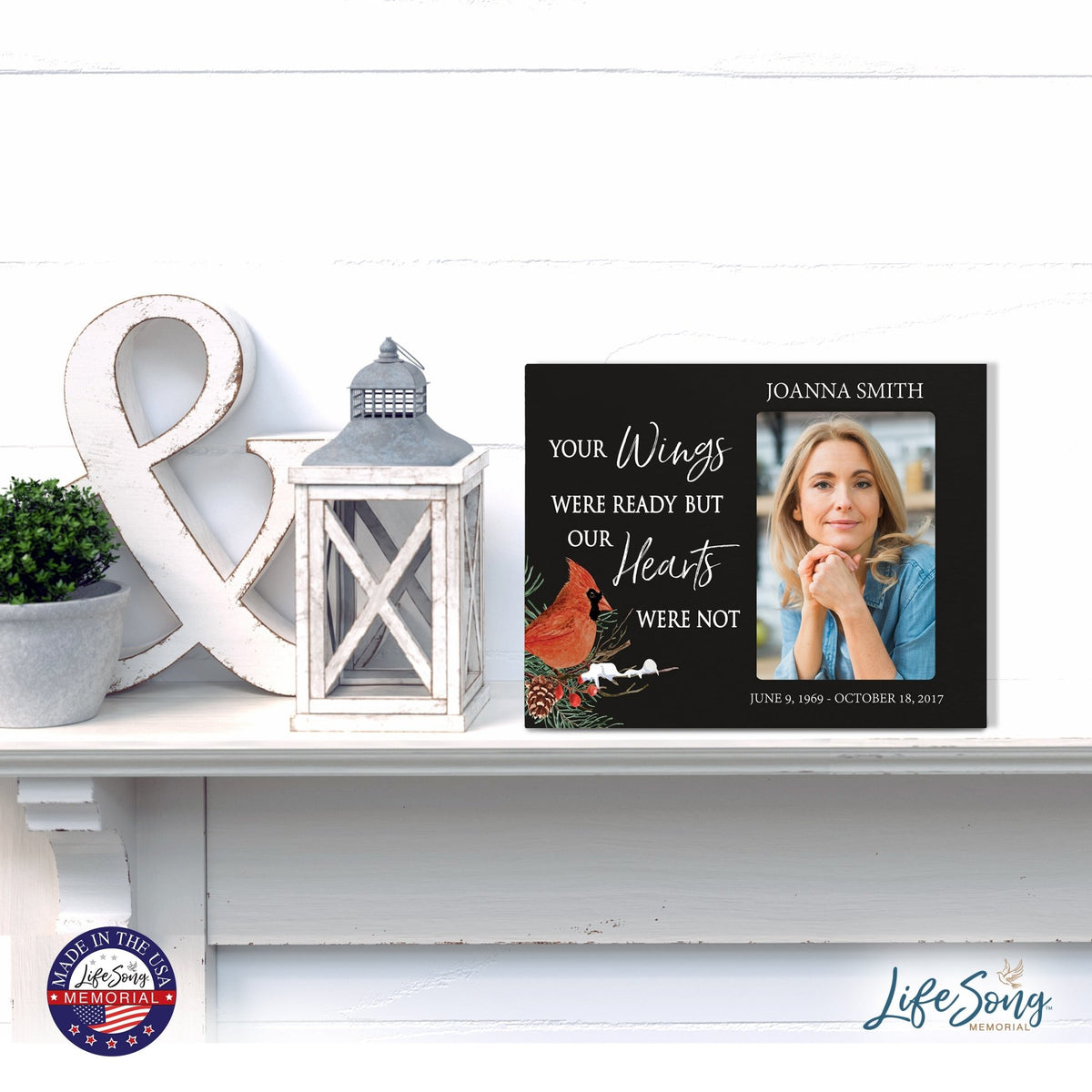 Custom Cardinal Wooden Memorial 8x10 Picture Frame holds 4x6 photo Your Wings Were - LifeSong Milestones