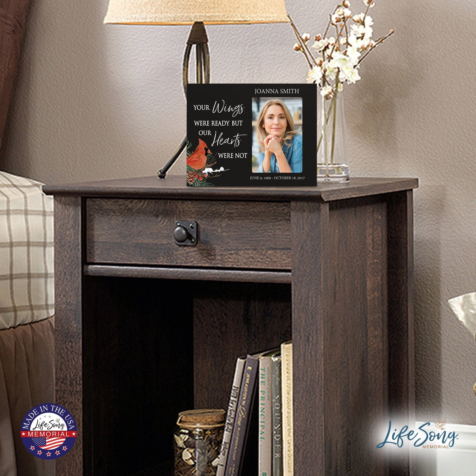 Custom Cardinal Wooden Memorial 8x10 Picture Frame holds 4x6 photo Your Wings Were - LifeSong Milestones