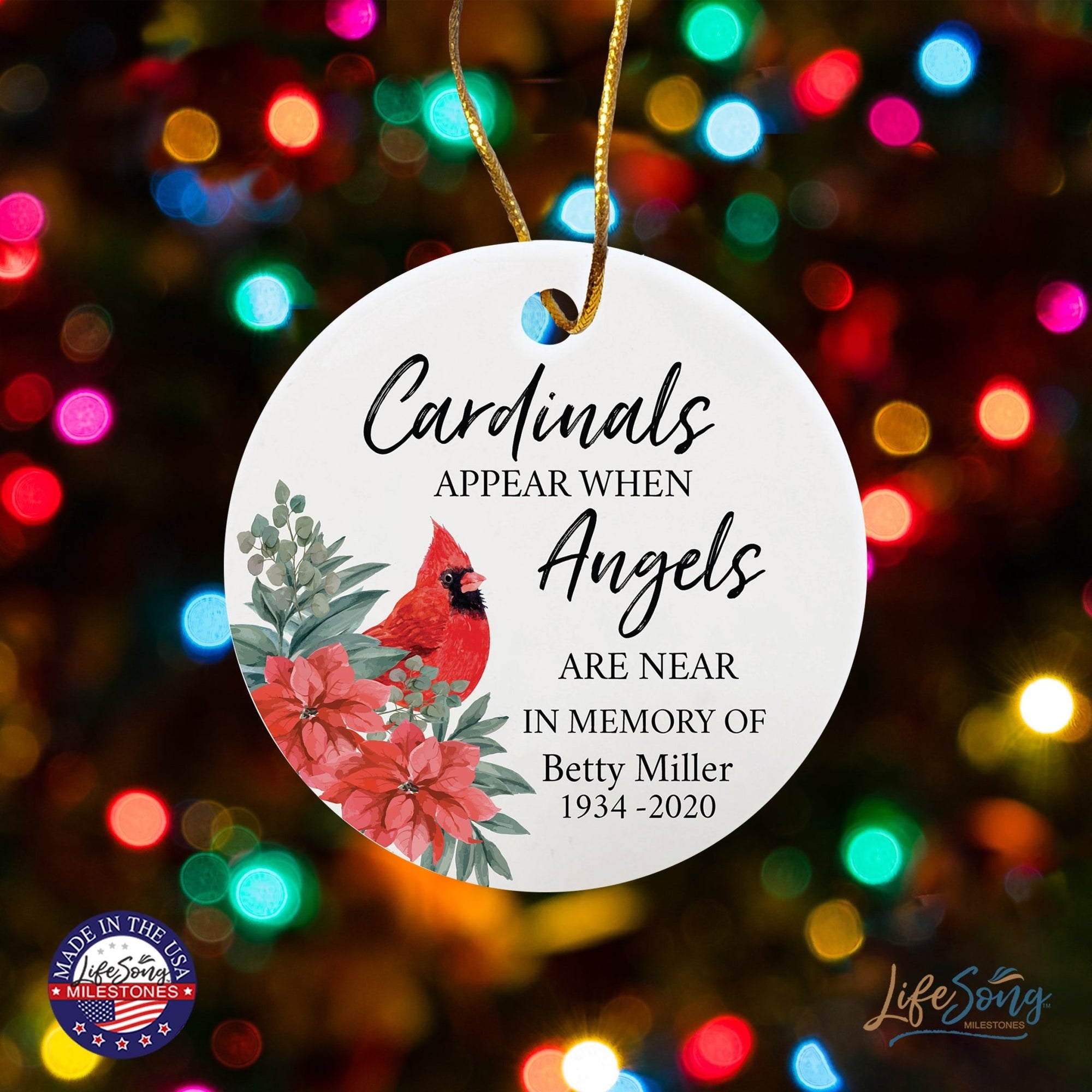 Custom Ceramic Christmas Memorial White Round Ornament 2.75in Cardinals Appear - LifeSong Milestones