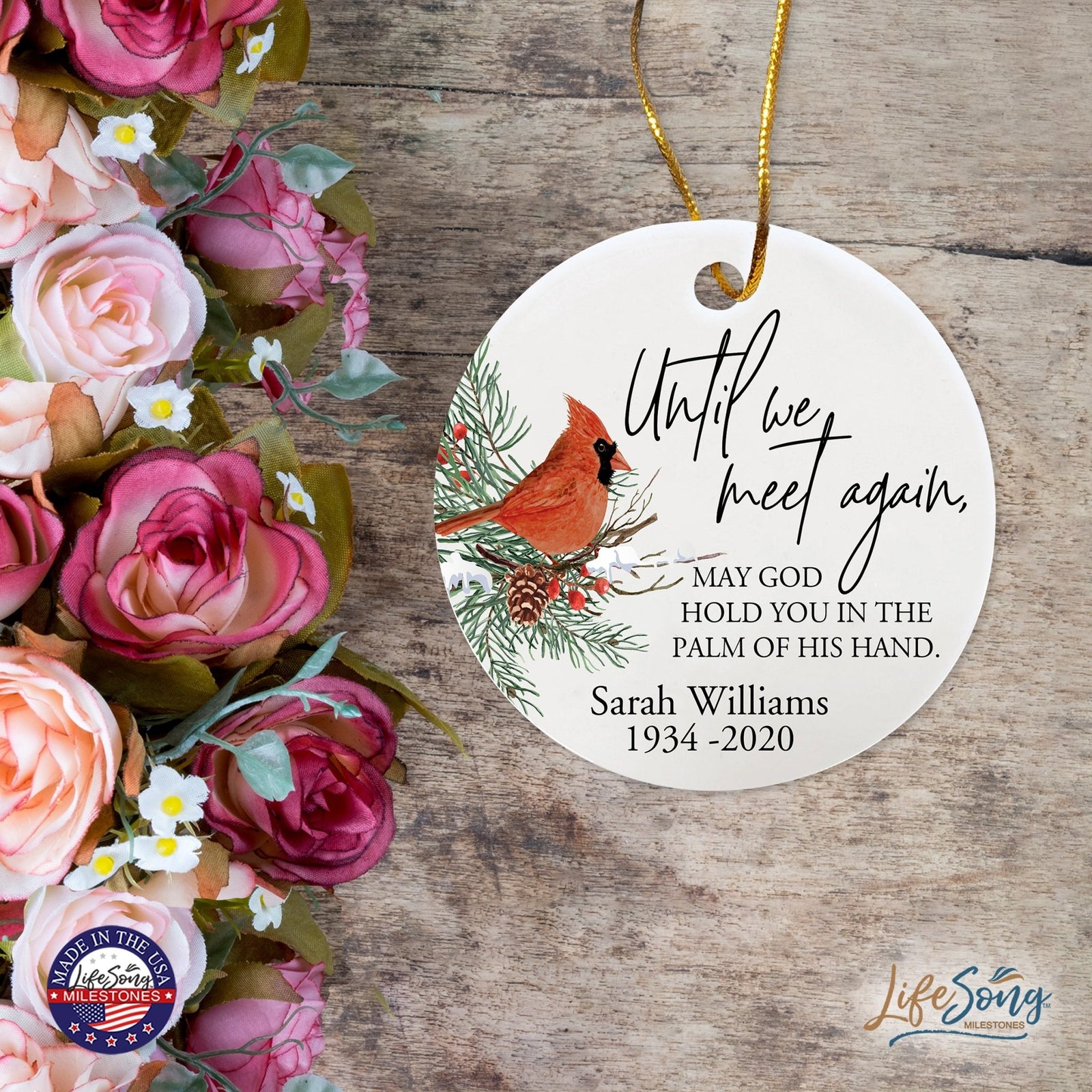 Custom Ceramic Christmas Memorial White Round Ornament 2.75in Until We Meet Again - LifeSong Milestones