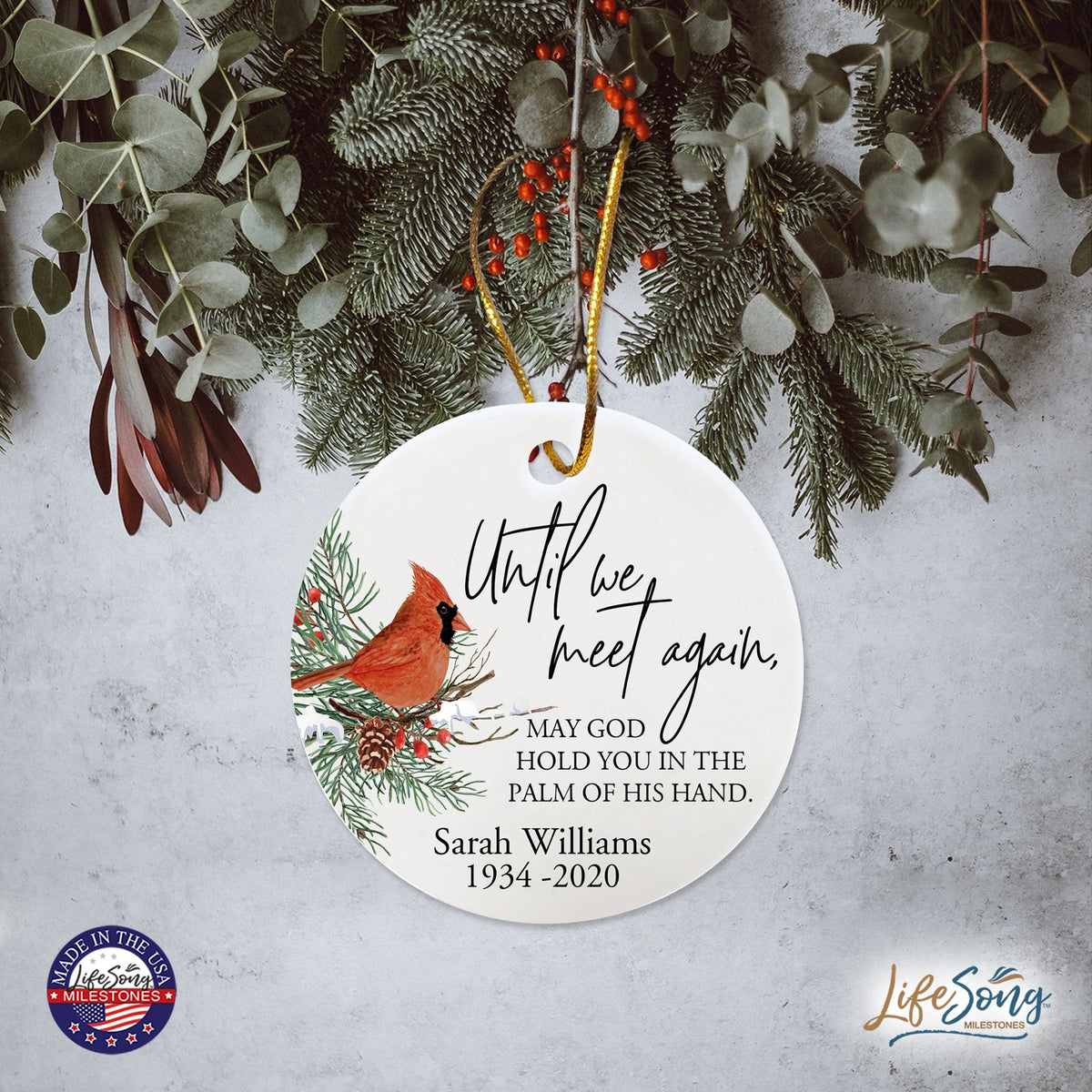 Custom Ceramic Christmas Memorial White Round Ornament 2.75in Until We Meet Again - LifeSong Milestones