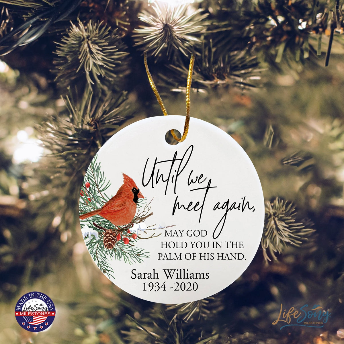 Custom Ceramic Christmas Memorial White Round Ornament 2.75in Until We Meet Again - LifeSong Milestones