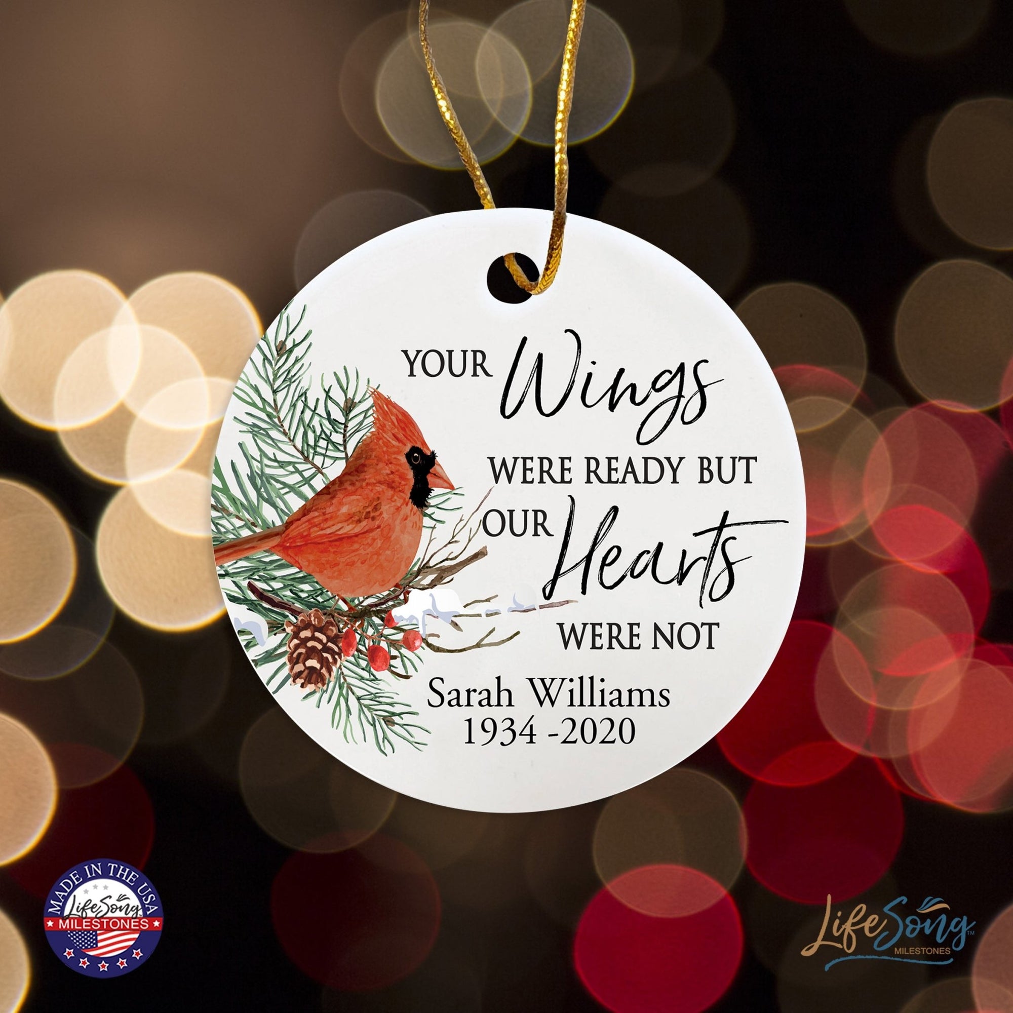Custom Ceramic Christmas Memorial White Round Ornament 2.75in Your Wings Were Ready - LifeSong Milestones