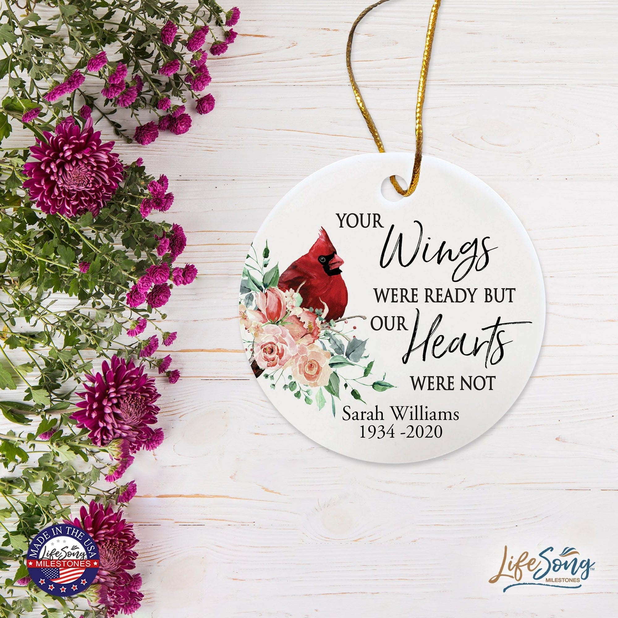 Custom Ceramic Everyday Memorial White Round Ornament 2.75in Your Wings Were Ready - LifeSong Milestones