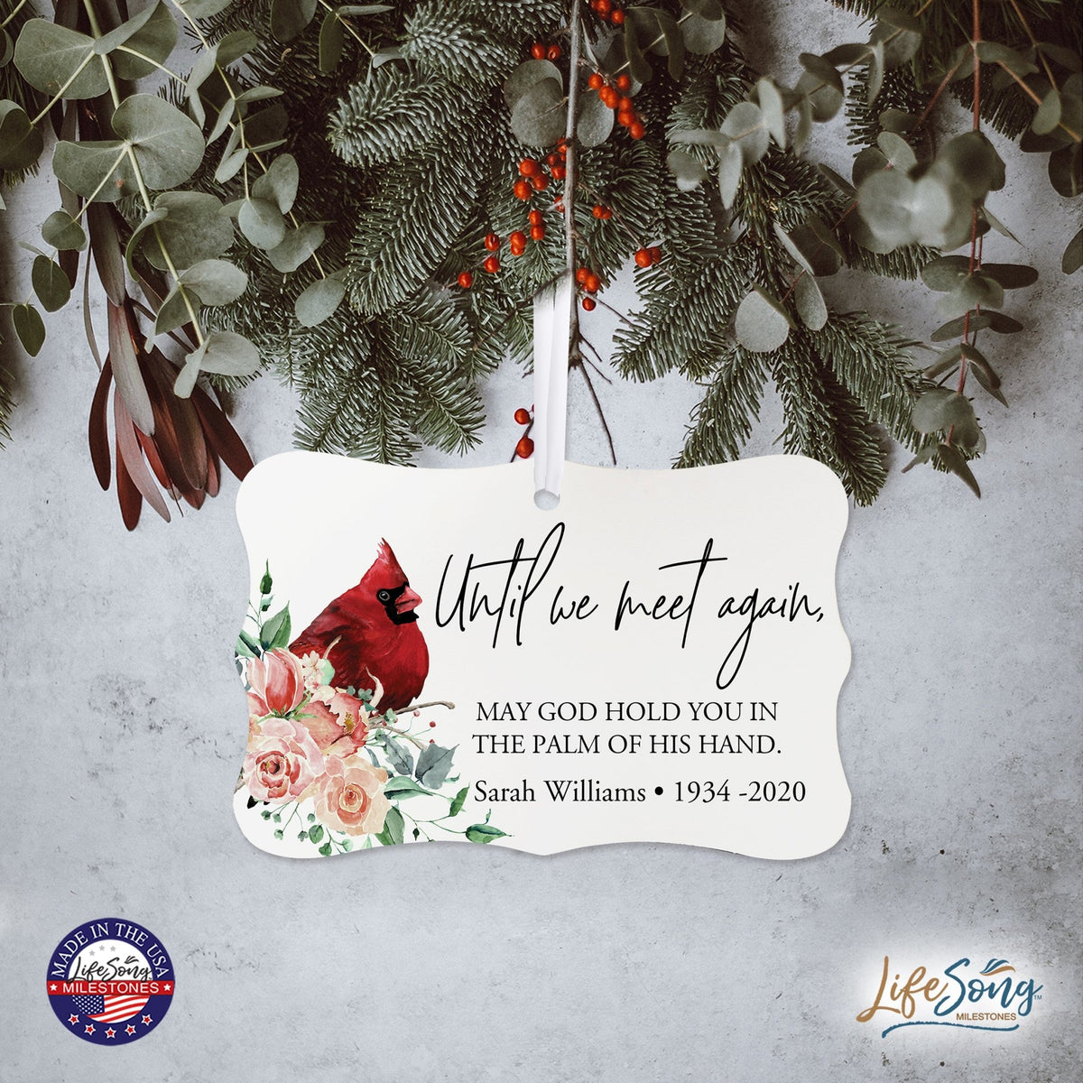 Custom Ceramic Everyday Memorial White Scalloped Ornament 2.5x4in Until We Meet Again - LifeSong Milestones