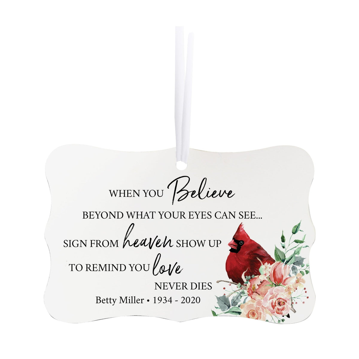Custom Ceramic Everyday Memorial White Scalloped Ornament 2.5x4in When You Believe - LifeSong Milestones