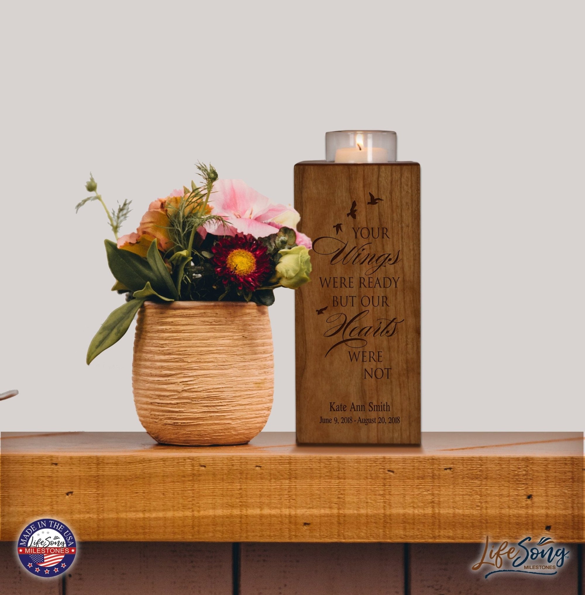Custom Cherry Wood Single Votive Candle Holder Your Wings - LifeSong Milestones