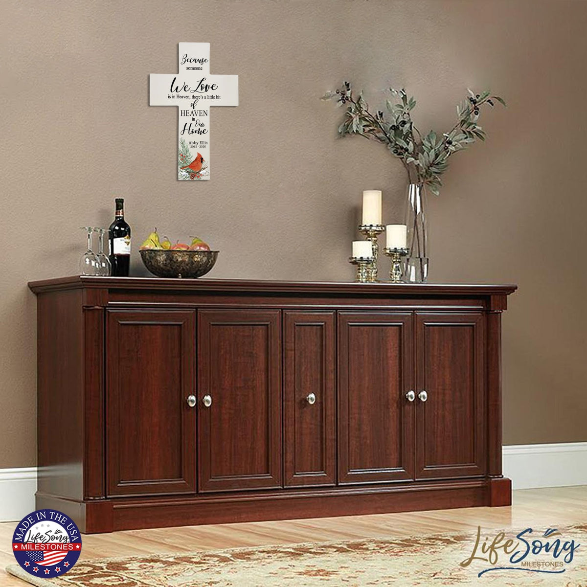 Custom Christmas Cardinal Memorial Wall Cross - Because Someone We Love - LifeSong Milestones