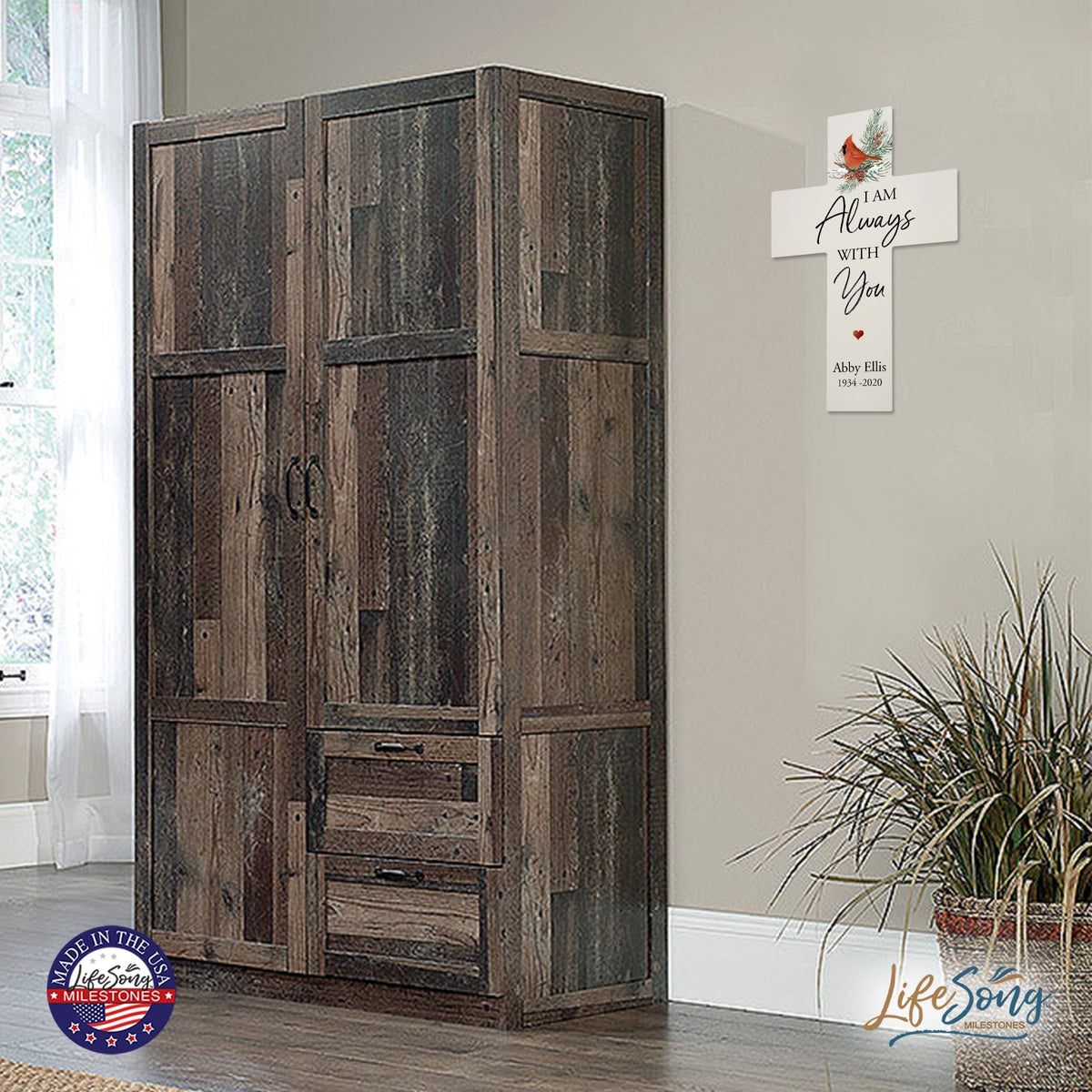 Custom Christmas Cardinal Memorial Wall Cross - I Am Always - LifeSong Milestones