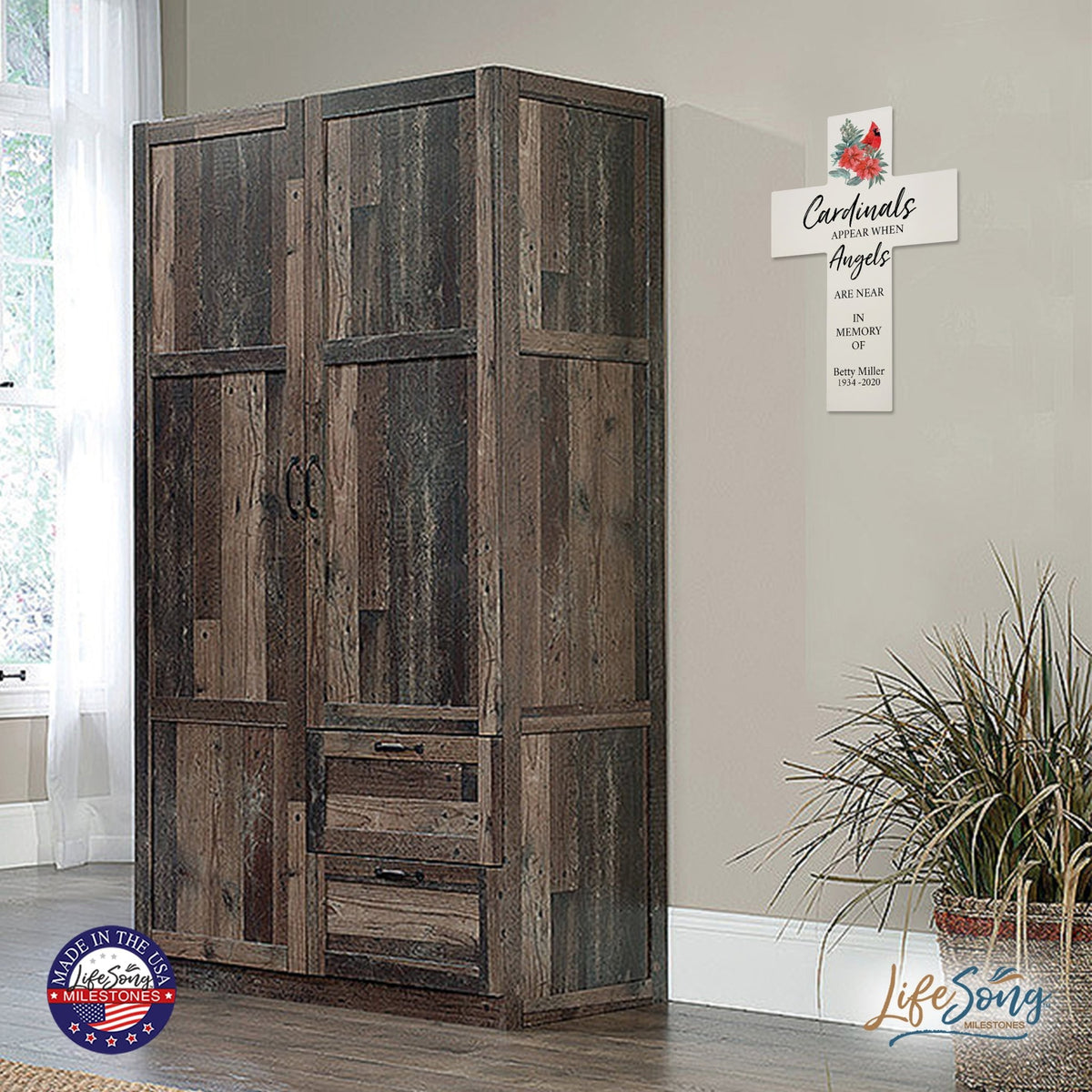 Custom Christmas Memorial Wall Cross - Cardinals Appear - LifeSong Milestones