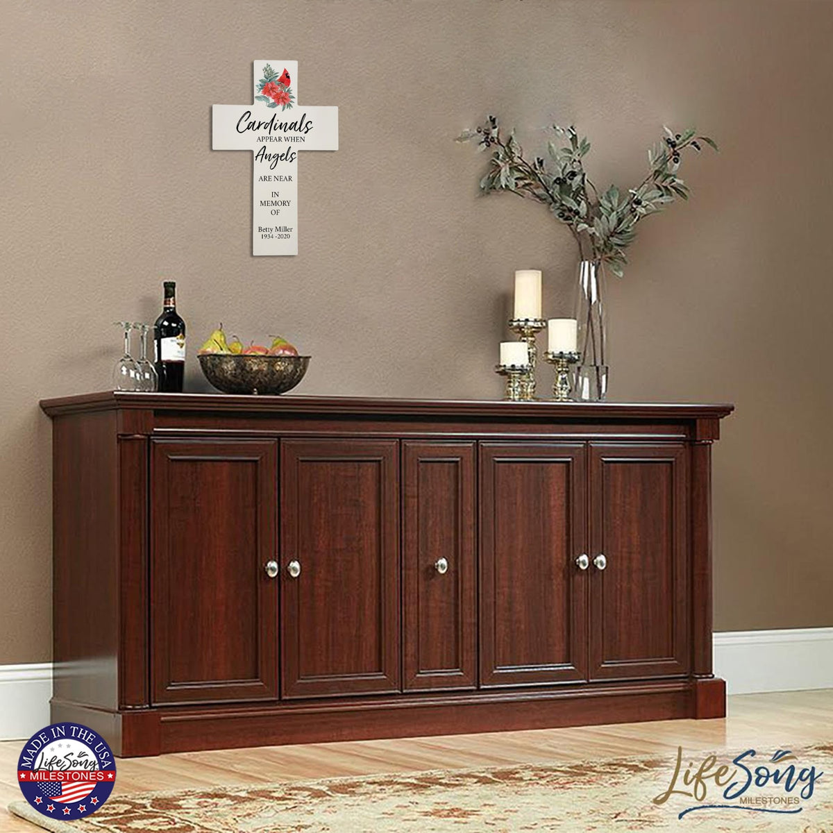 Custom Christmas Memorial Wall Cross - Cardinals Appear - LifeSong Milestones