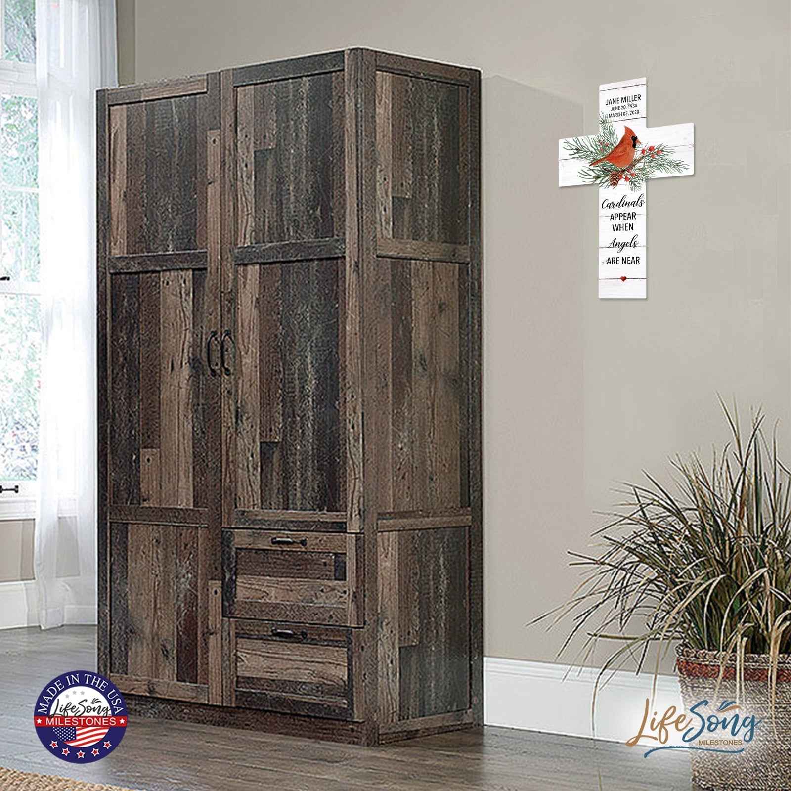Custom Christmas Memorial Wall Cross - Cardinals Appear When Angels - LifeSong Milestones