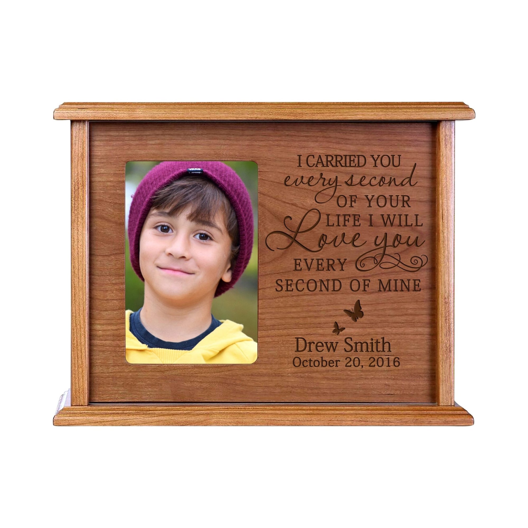 Custom Cremation Urn with Picture Frame holds 200 cu.in and 4x6 Photo I Carried You (butterfly) - LifeSong Milestones