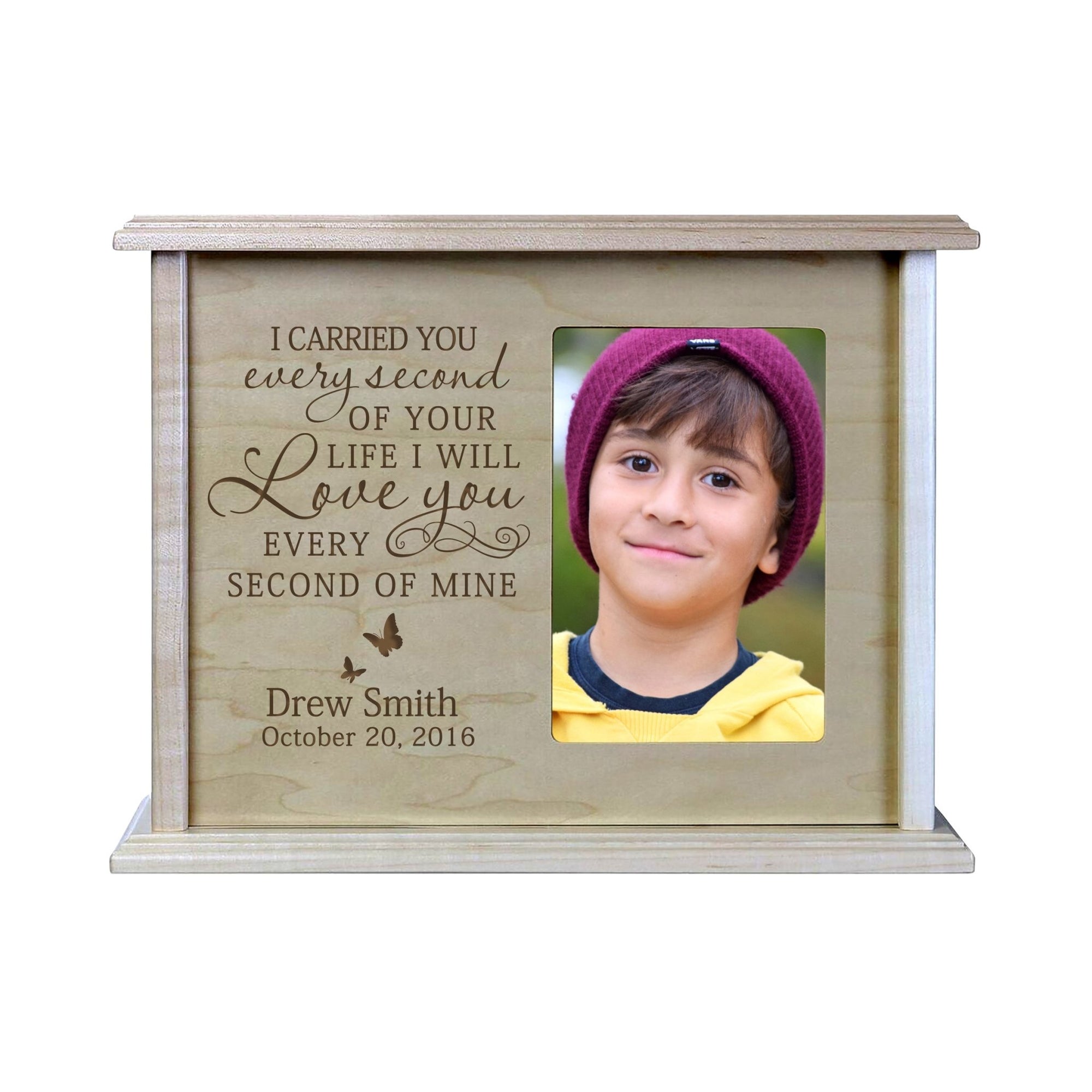 Custom Cremation Urn with Picture Frame holds 200 cu.in and 4x6 Photo I Carried You (butterfly) - LifeSong Milestones