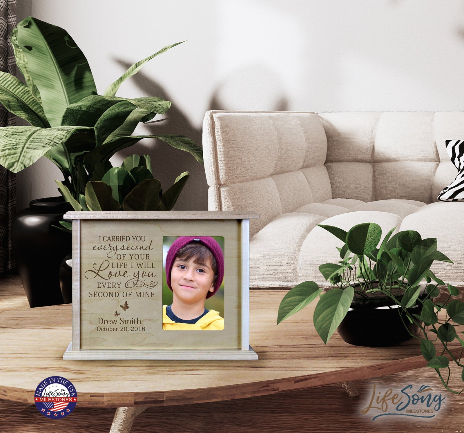 Custom Cremation Urn with Picture Frame holds 200 cu.in and 4x6 Photo I Carried You (butterfly) - LifeSong Milestones
