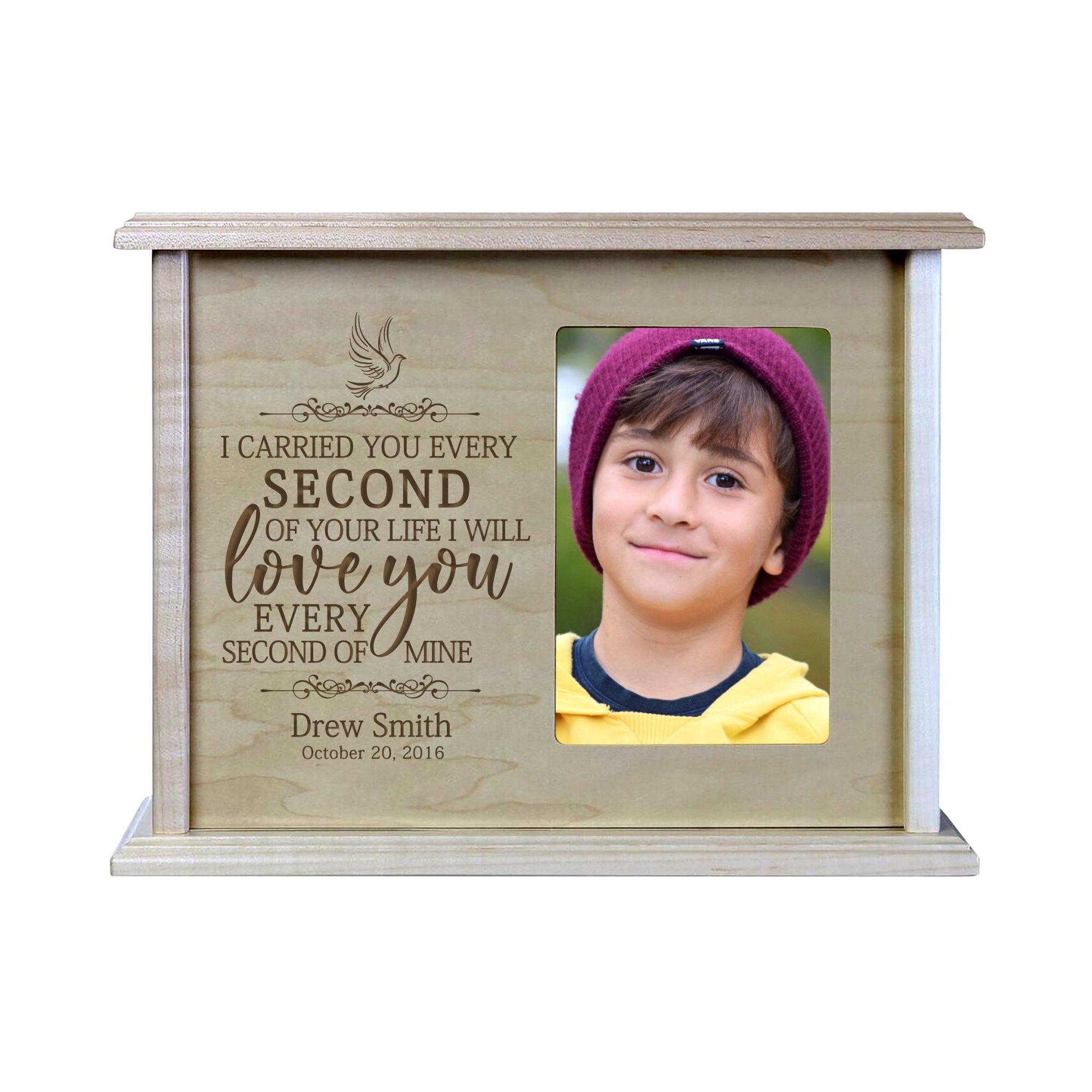 Custom Cremation Urn with Picture Frame holds 200 cu.in and 4x6 Photo I Carried You (dove) - LifeSong Milestones