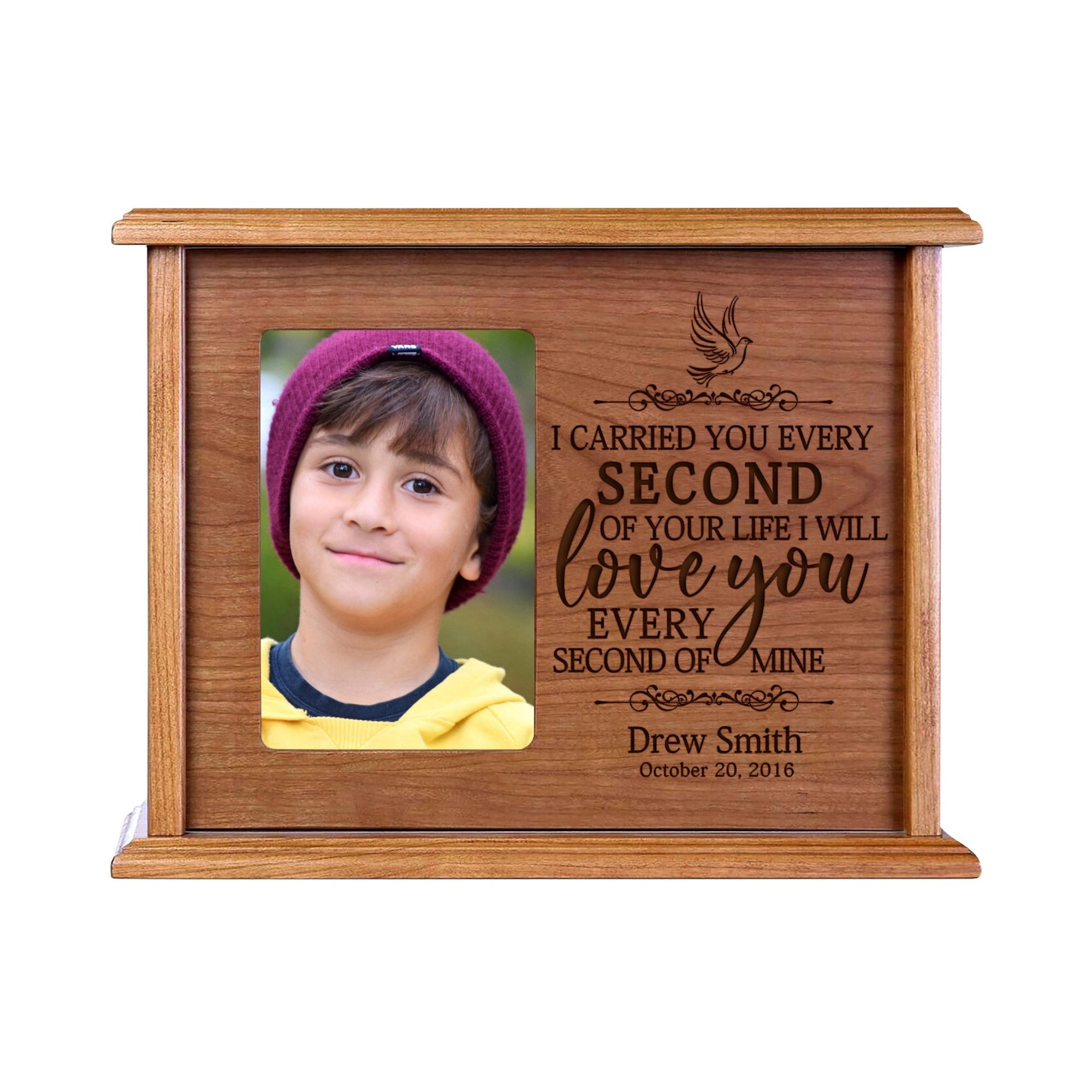 Custom Cremation Urn with Picture Frame holds 200 cu.in and 4x6 Photo I Carried You (dove) - LifeSong Milestones