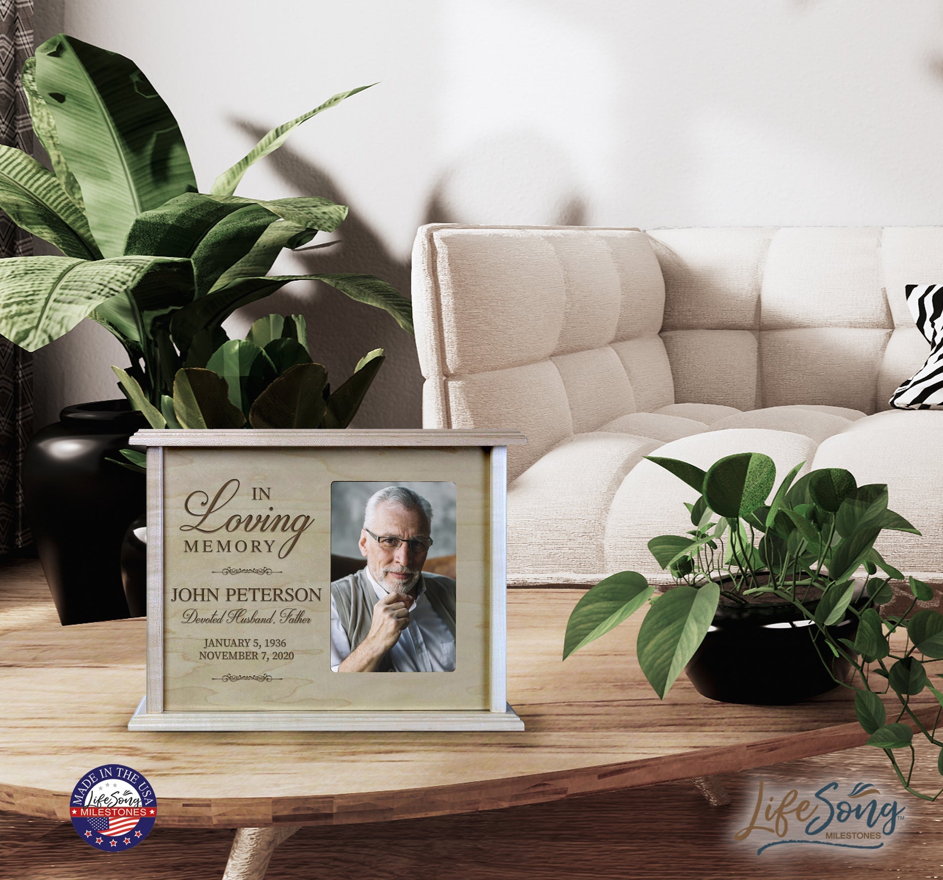 Custom Cremation Urn with Picture Frame holds 200 cu.in and 4x6 Photo In Loving Memory - LifeSong Milestones