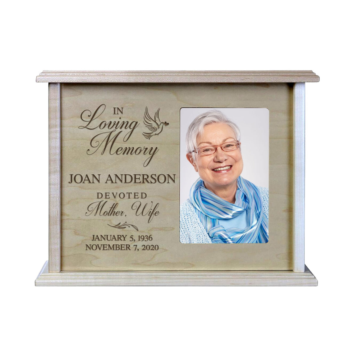 Custom Cremation Urn with Picture Frame holds 200 cu.in and 4x6 Photo In Loving Memory (dove) - LifeSong Milestones