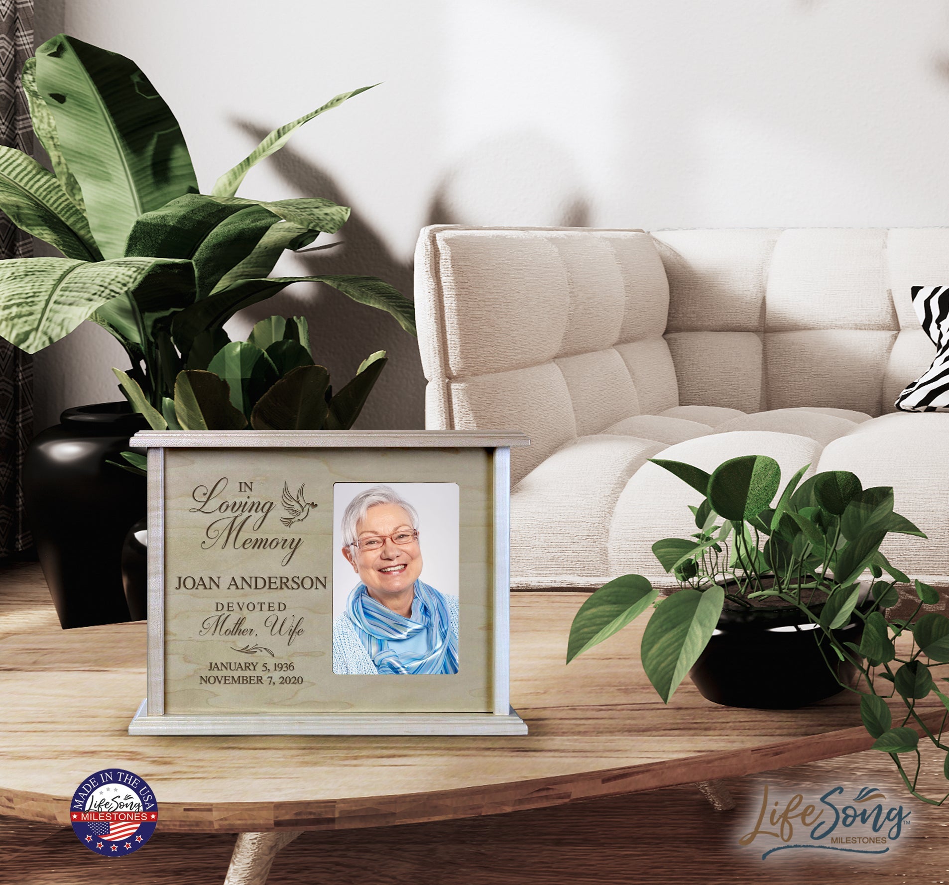 Custom Cremation Urn with Picture Frame holds 200 cu.in and 4x6 Photo In Loving Memory (dove) - LifeSong Milestones