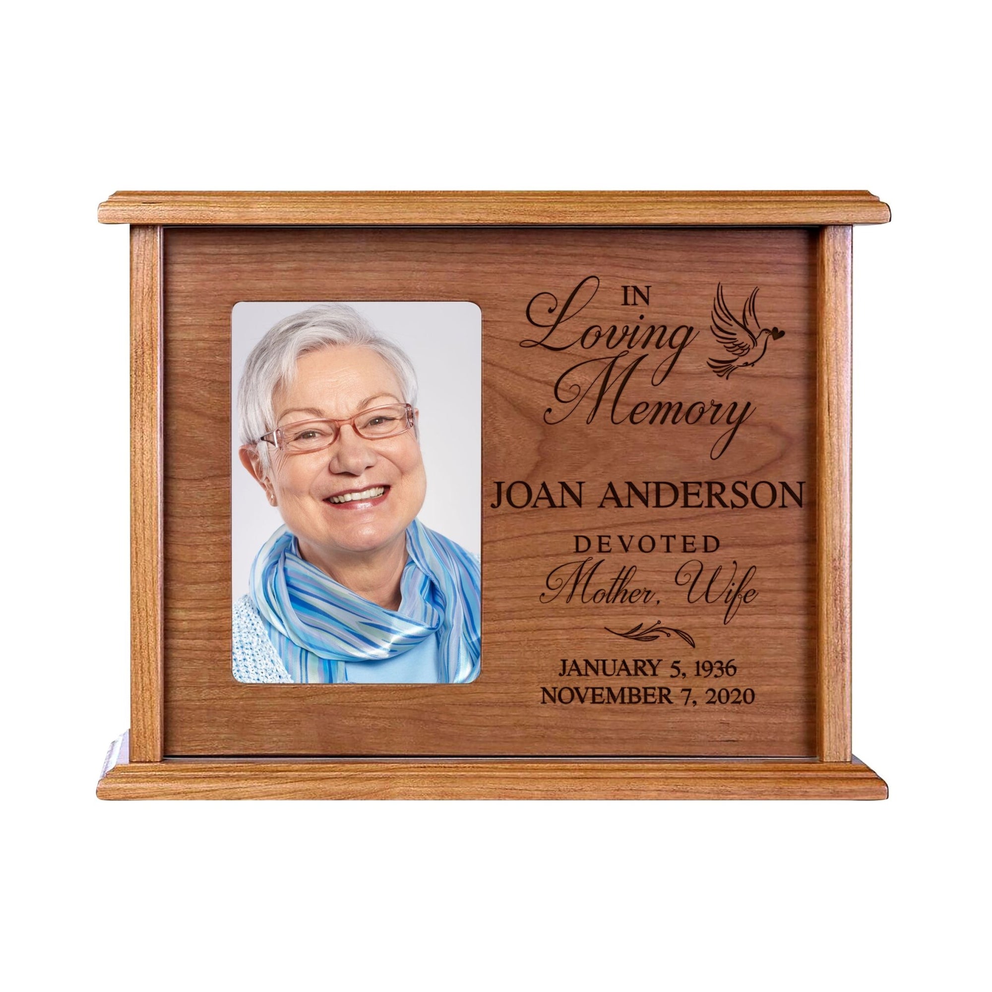 Custom Cremation Urn with Picture Frame holds 200 cu.in and 4x6 Photo In Loving Memory (dove) - LifeSong Milestones