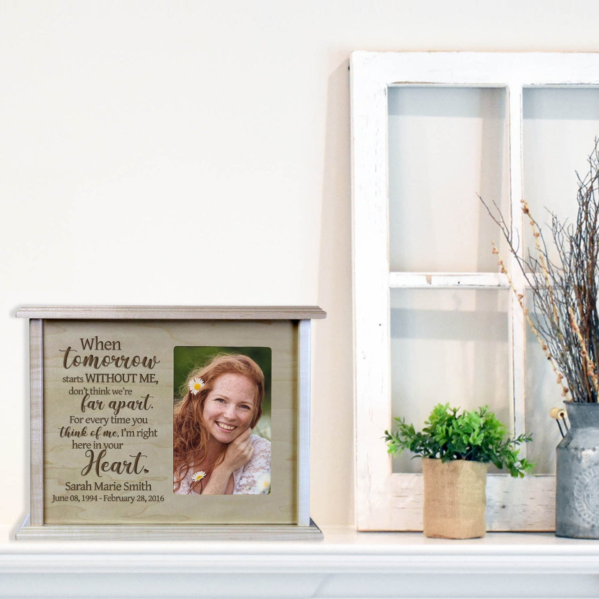 Decorative Photo Cremation Urn for Human Ashes placed on the table, cabinet or mantel