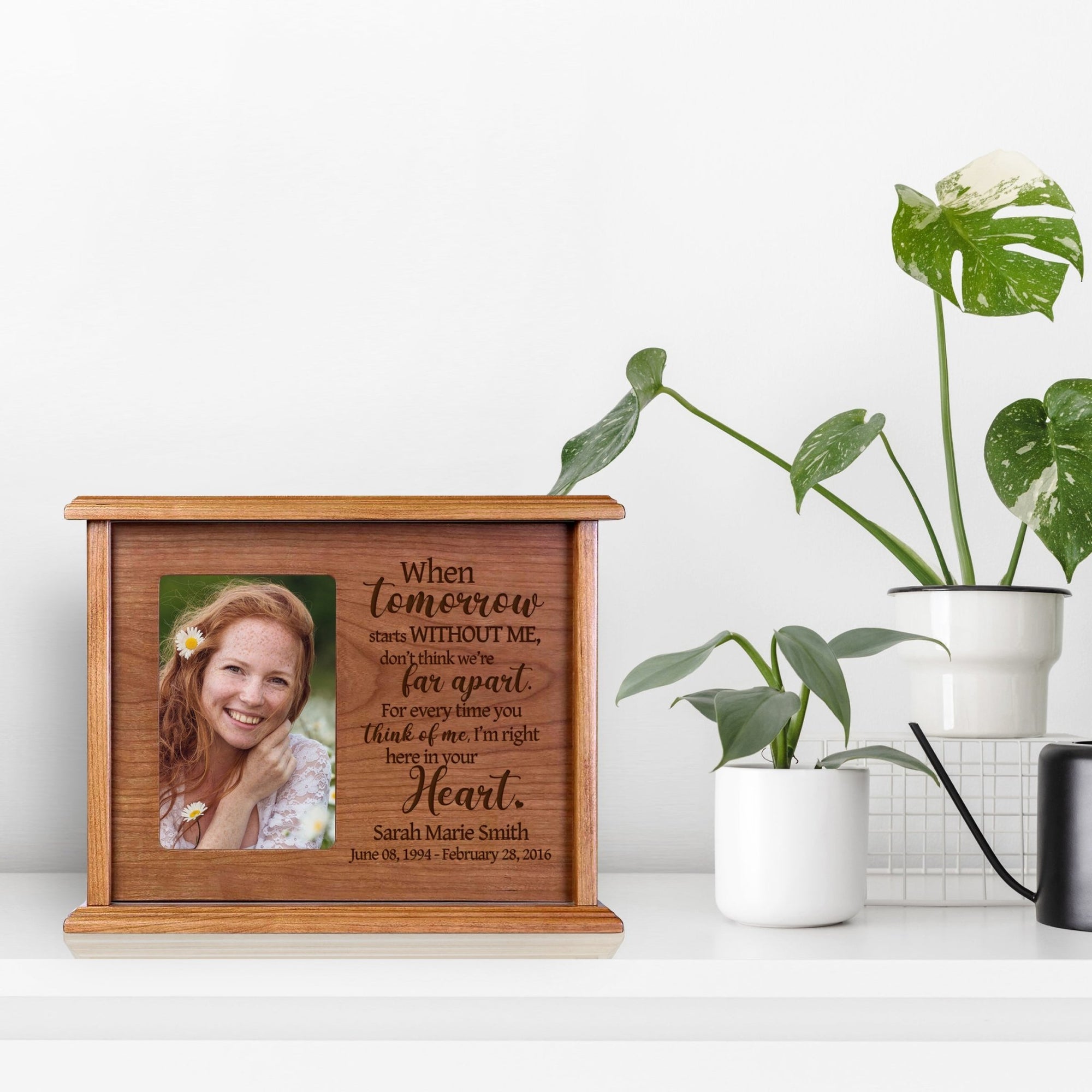 Decorative Photo Cremation Urn for Human Ashes placed on the table, cabinet or mantel