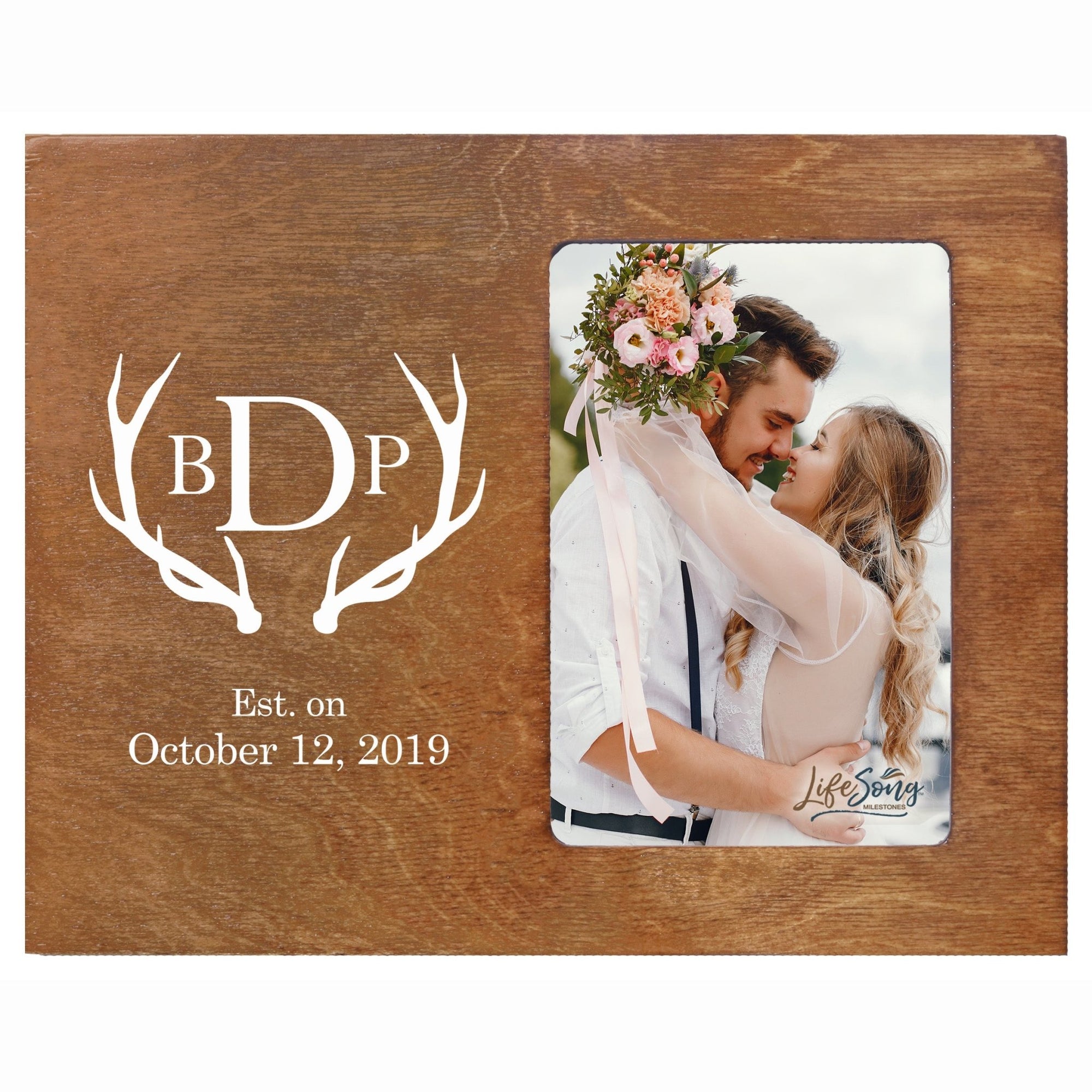 Custom Digitally Printed Wedding Photo Frame Holds 4x6 Photo - Antlers - LifeSong Milestones