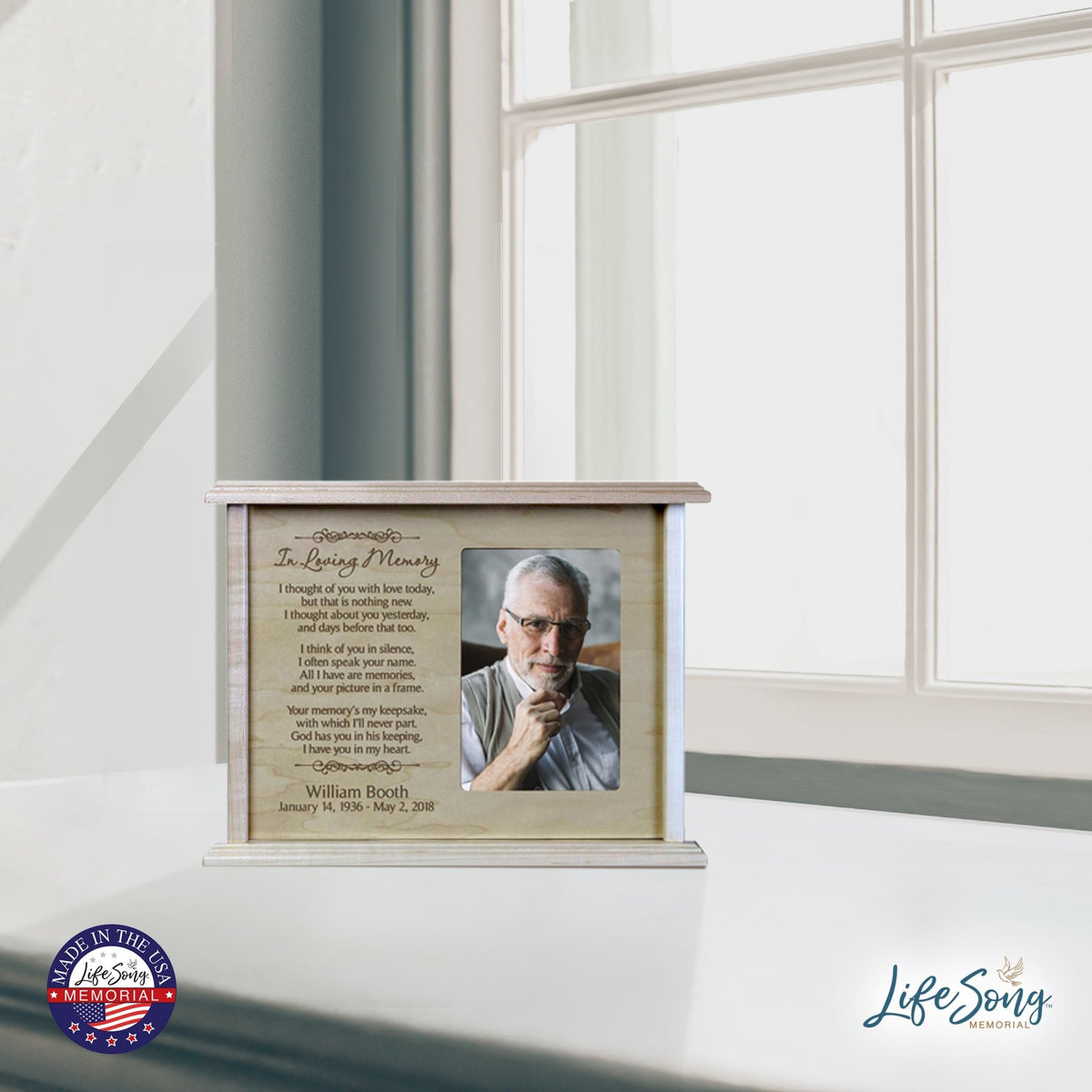 Custom Engraved 12x9 Memorial Keepsake Cremation Urn Box Holds 200 Cu Inches Of Human Ashes and 4x6 Picture In Loving Memory - LifeSong Milestones