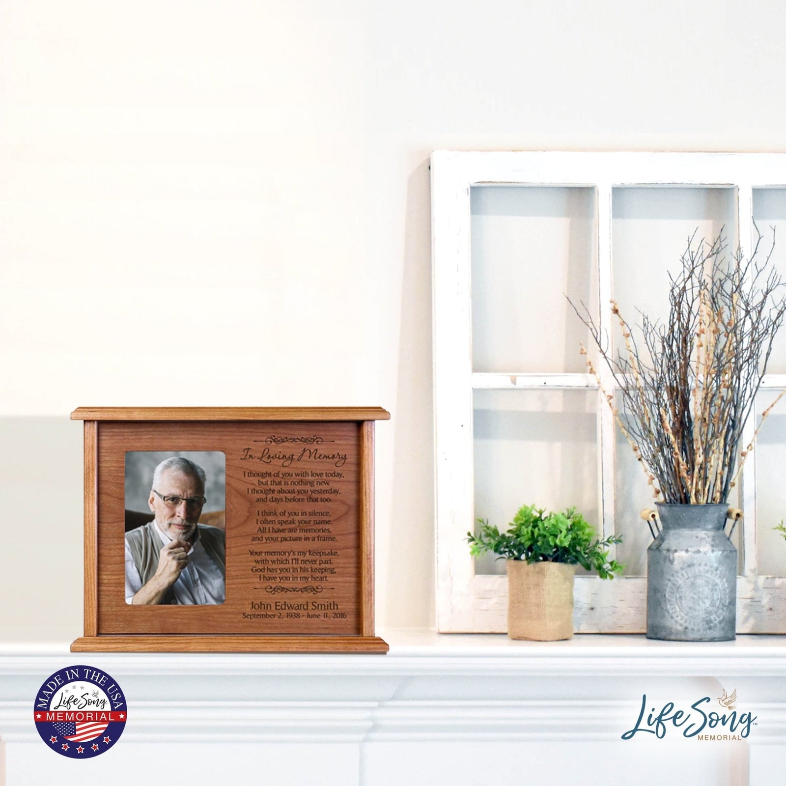 Custom Engraved 12x9 Memorial Keepsake Cremation Urn Box Holds 200 Cu Inches Of Human Ashes and 4x6 Picture In Loving Memory - LifeSong Milestones