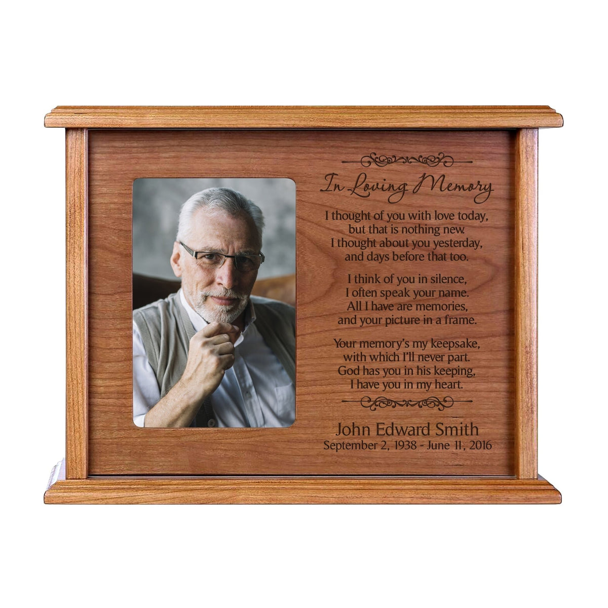 Custom Engraved 12x9 Memorial Keepsake Cremation Urn Box Holds 200 Cu Inches Of Human Ashes and 4x6 Picture In Loving Memory - LifeSong Milestones