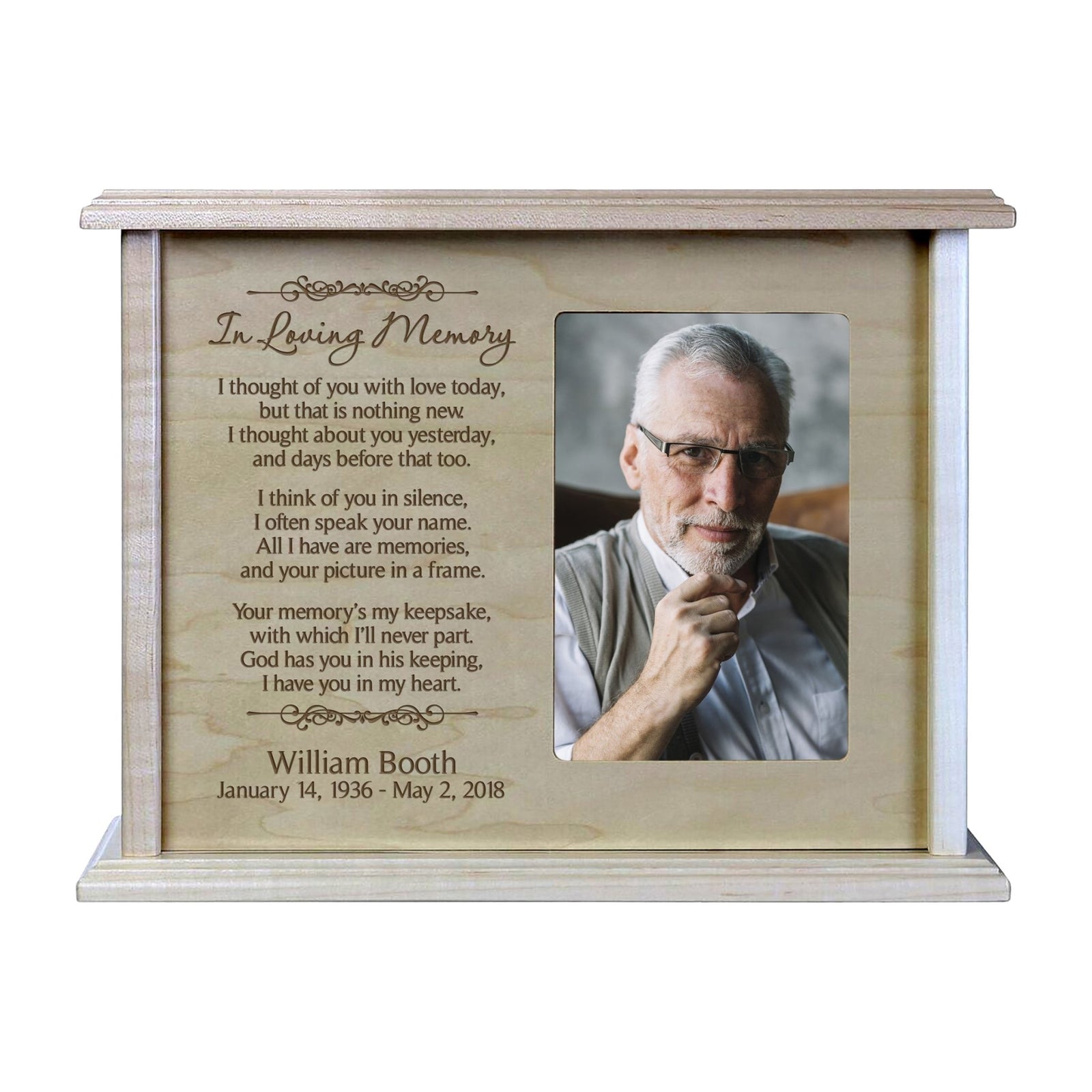 Custom Engraved 12x9 Memorial Keepsake Cremation Urn Box Holds 200 Cu Inches Of Human Ashes and 4x6 Picture In Loving Memory - LifeSong Milestones