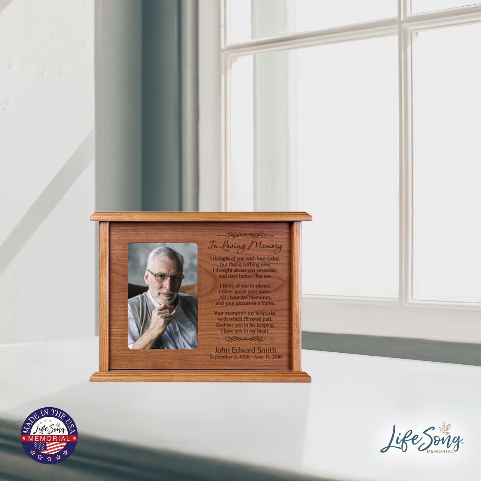 Custom Engraved 12x9 Memorial Keepsake Cremation Urn Box Holds 200 Cu Inches Of Human Ashes and 4x6 Picture In Loving Memory - LifeSong Milestones