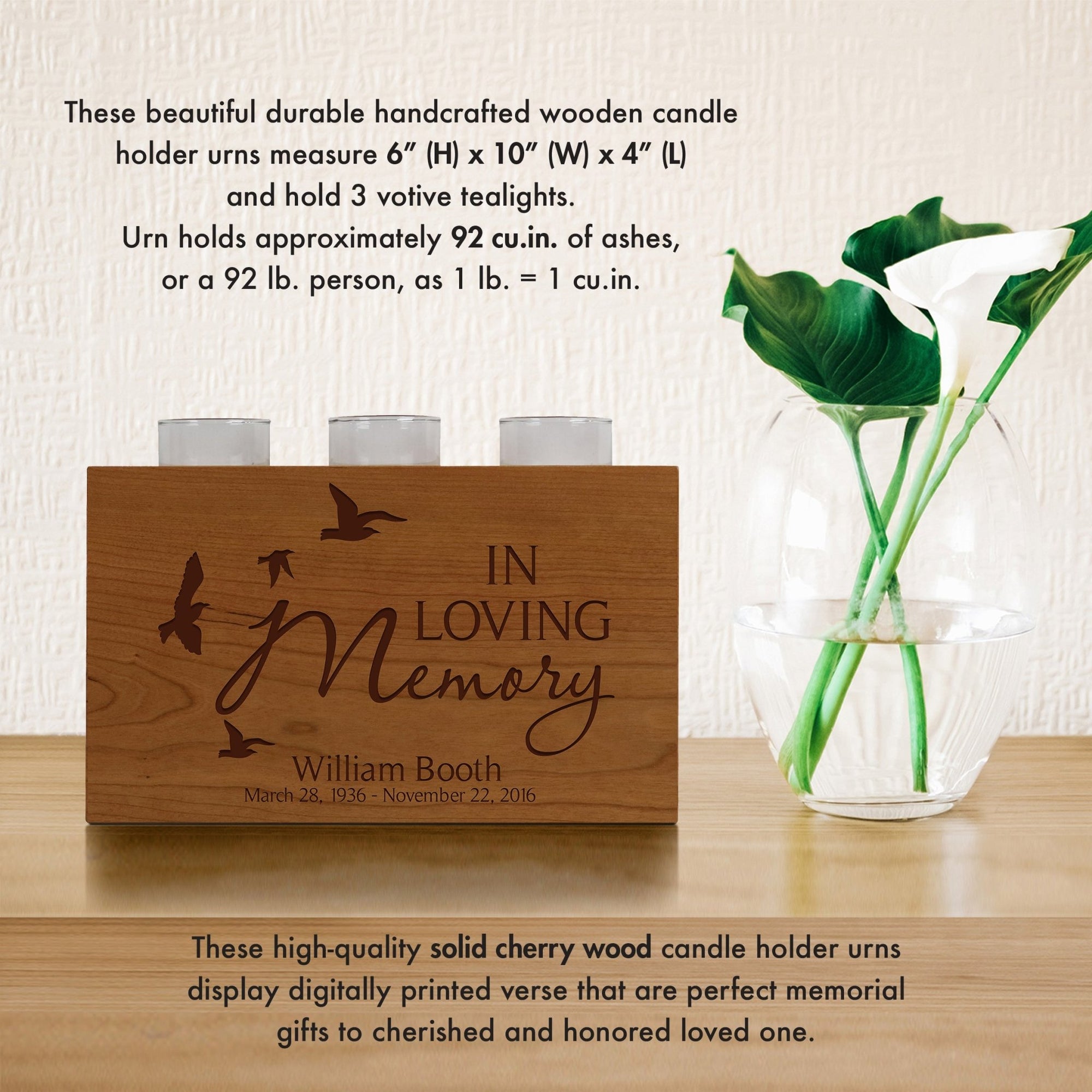 Custom Engraved 3 Votive Candle Holder and Urn Box for Human Ashes holds 90 cu in In Loving Memory - LifeSong Milestones