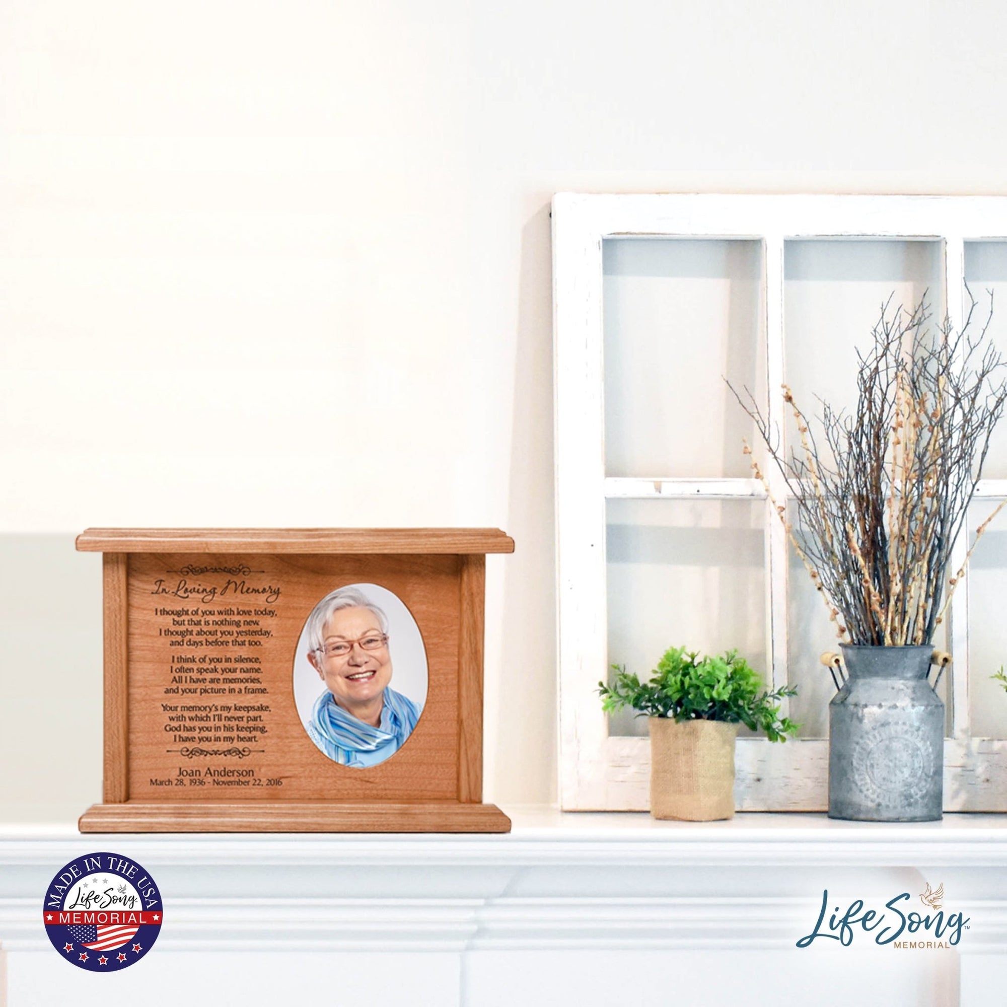 Custom Engraved 8.75x4 Memorial Cremation Keepsake Urn Box Holds 65 Cu Inches Of Human Ashes and 2x3 Photo - In Loving Memory - LifeSong Milestones