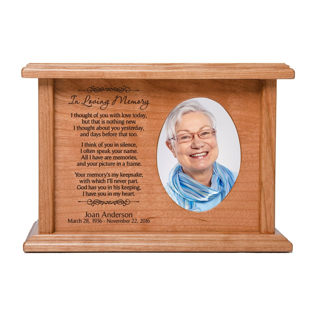 Honor your loved one's memory with our Custom Handcrafted Wooden Photo Cremation Urn Box. Designed to hold 65 cubic inches of human ashes, this unique wooden urn features a 2x3 photo frame to display a cherished image. The laser-engraved designs add an elegant touch, making it a beautiful keepsake for any funeral or memorial service. This decorative urn box comes with a cremation bag and is a perfect sympathy or bereavement gift idea. Ideal for those seeking a pretty urn, it serves as a thoughtful memorial 