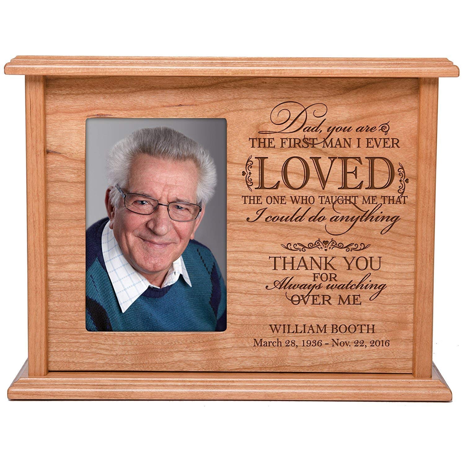 Custom Engraved Cherry Wood Cremation Urn Box with 4x6 Photo holds 200 cu in of Human Ashes Dad, You Are - LifeSong Milestones