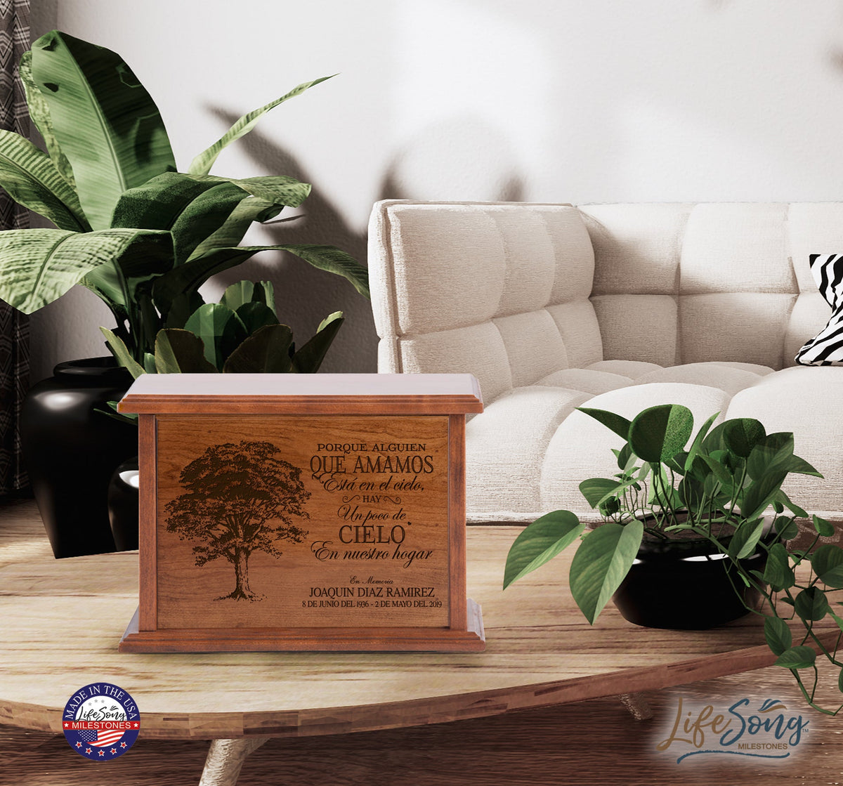 Custom Engraved Cherry Wood Cremation Urn Que Amamos - LifeSong Milestones