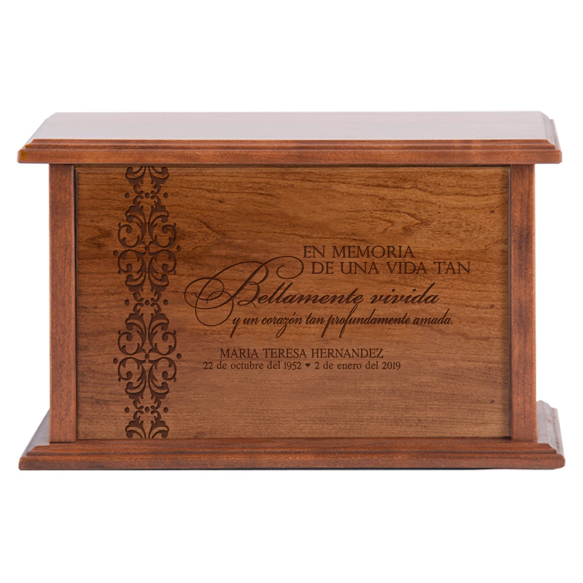 Personalized Spanish Wooden Engraved Unique Cremation Urn Box for Human Ashes