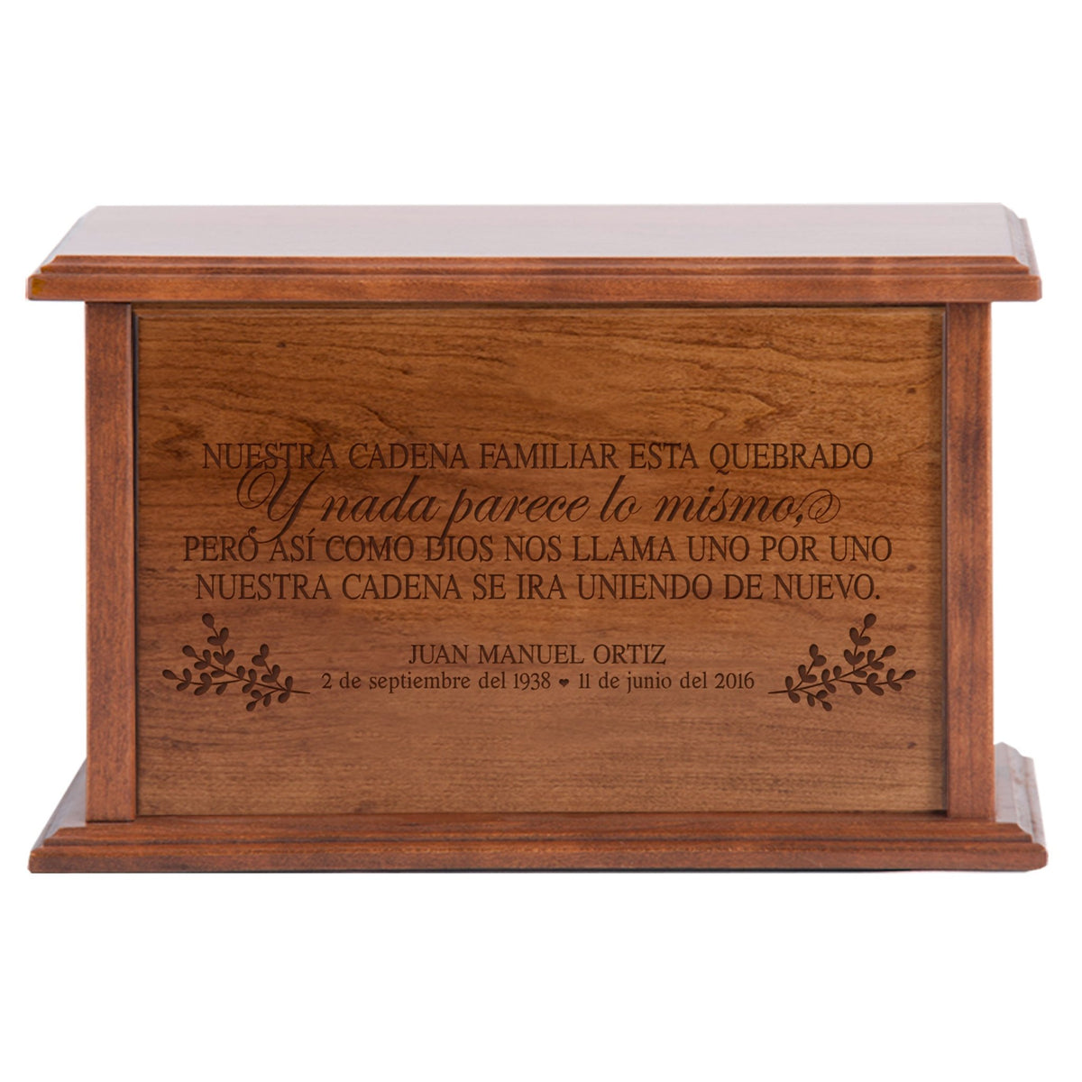 Custom Engraved Spanish Wooden Cremation Urn Box for Human Ashes